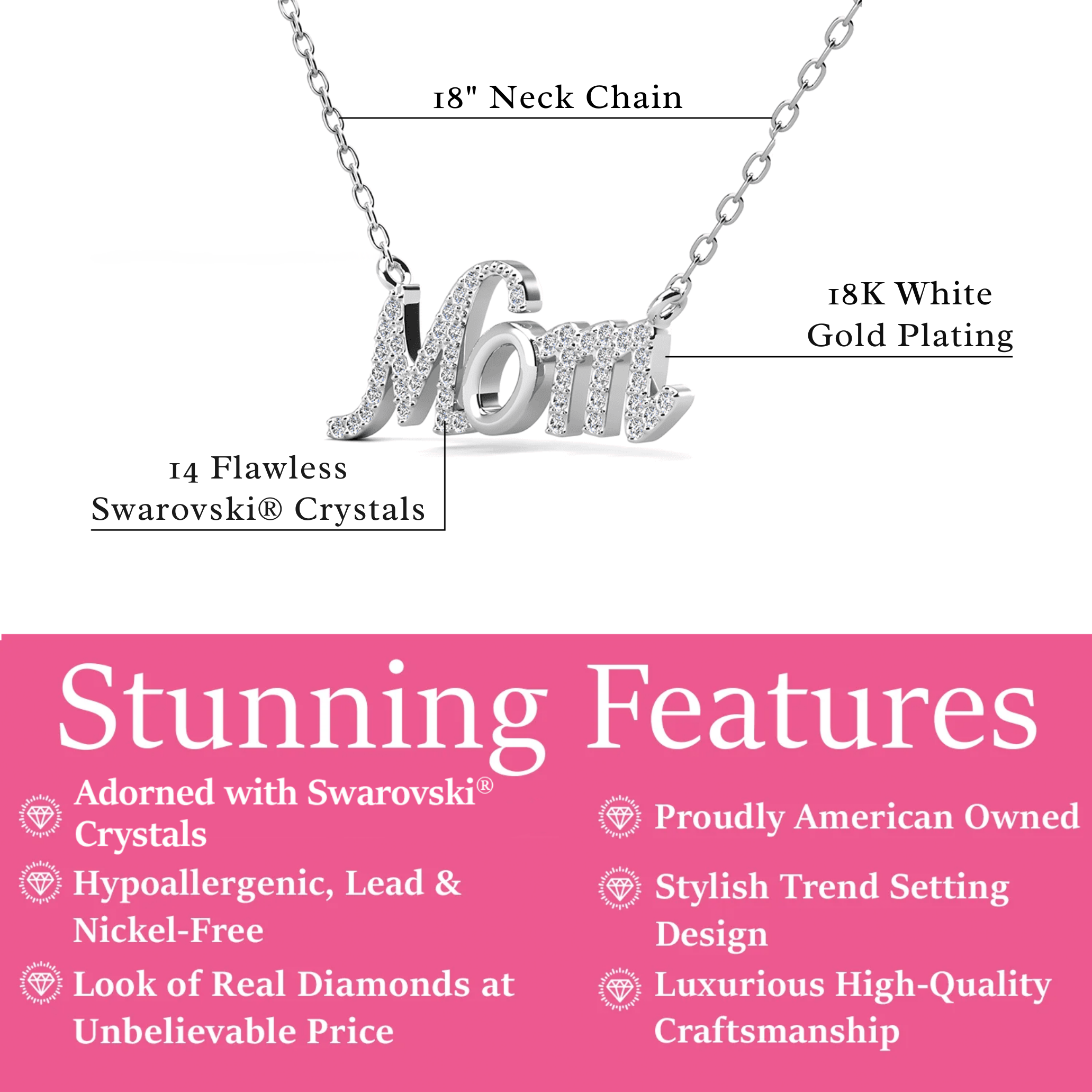 Riley 18k White Gold Plated Mom Necklace with Swarovski Crystals & Heartfelt Message for Mom