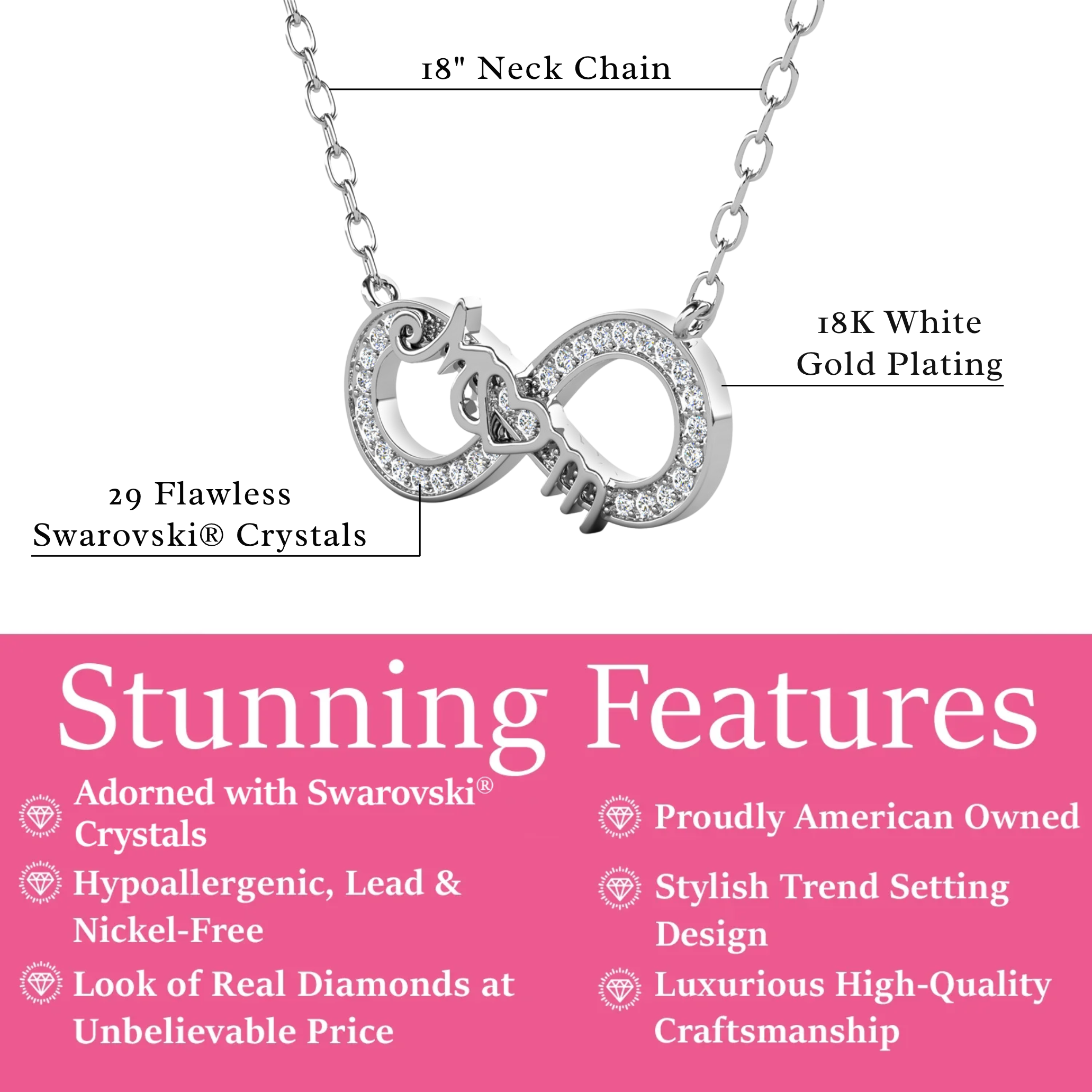 Robin 18k White Gold Plated Mom Infinity Necklace with Swarovski Crystals - FAB FAV