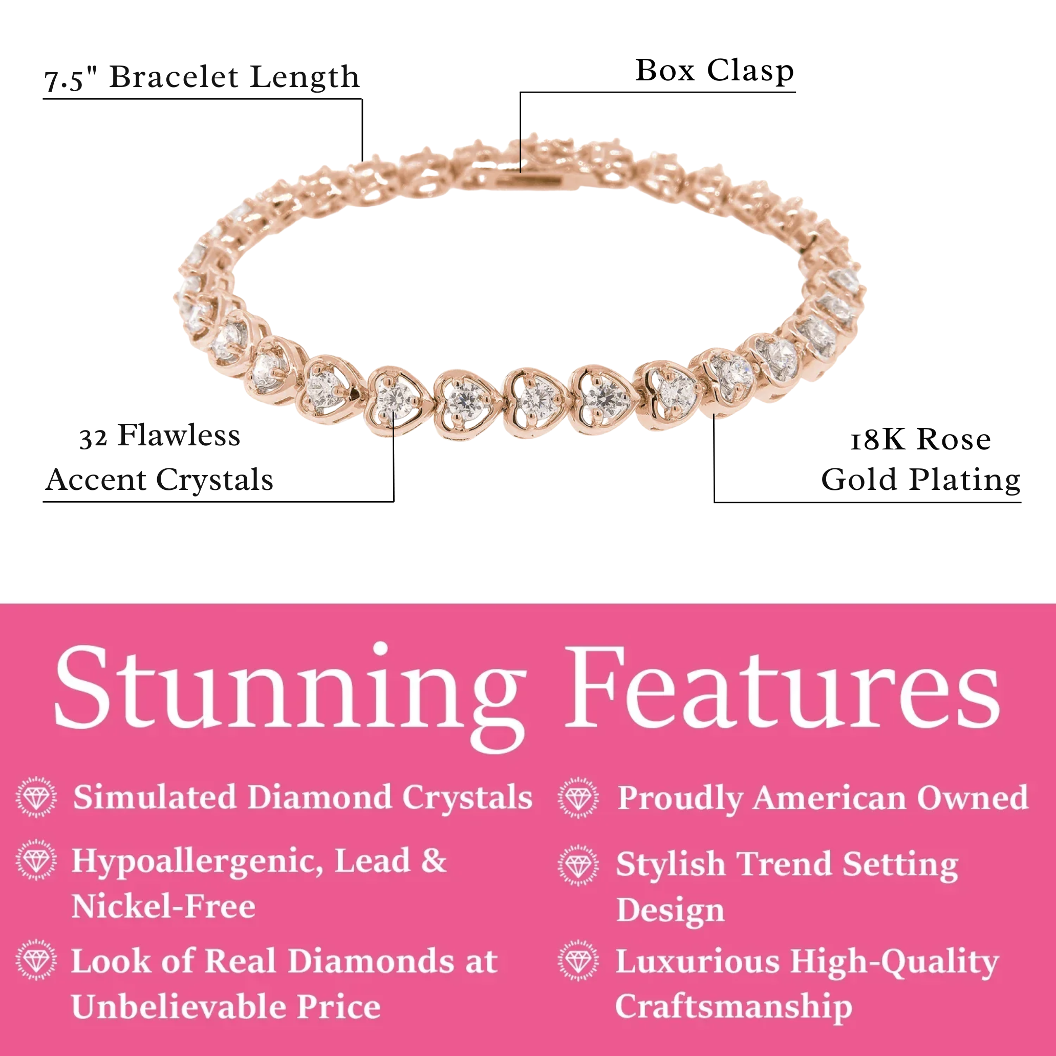 Rosalie 18k White Gold Plated Heart Tennis Bracelet with Simulated Diamond Crystals