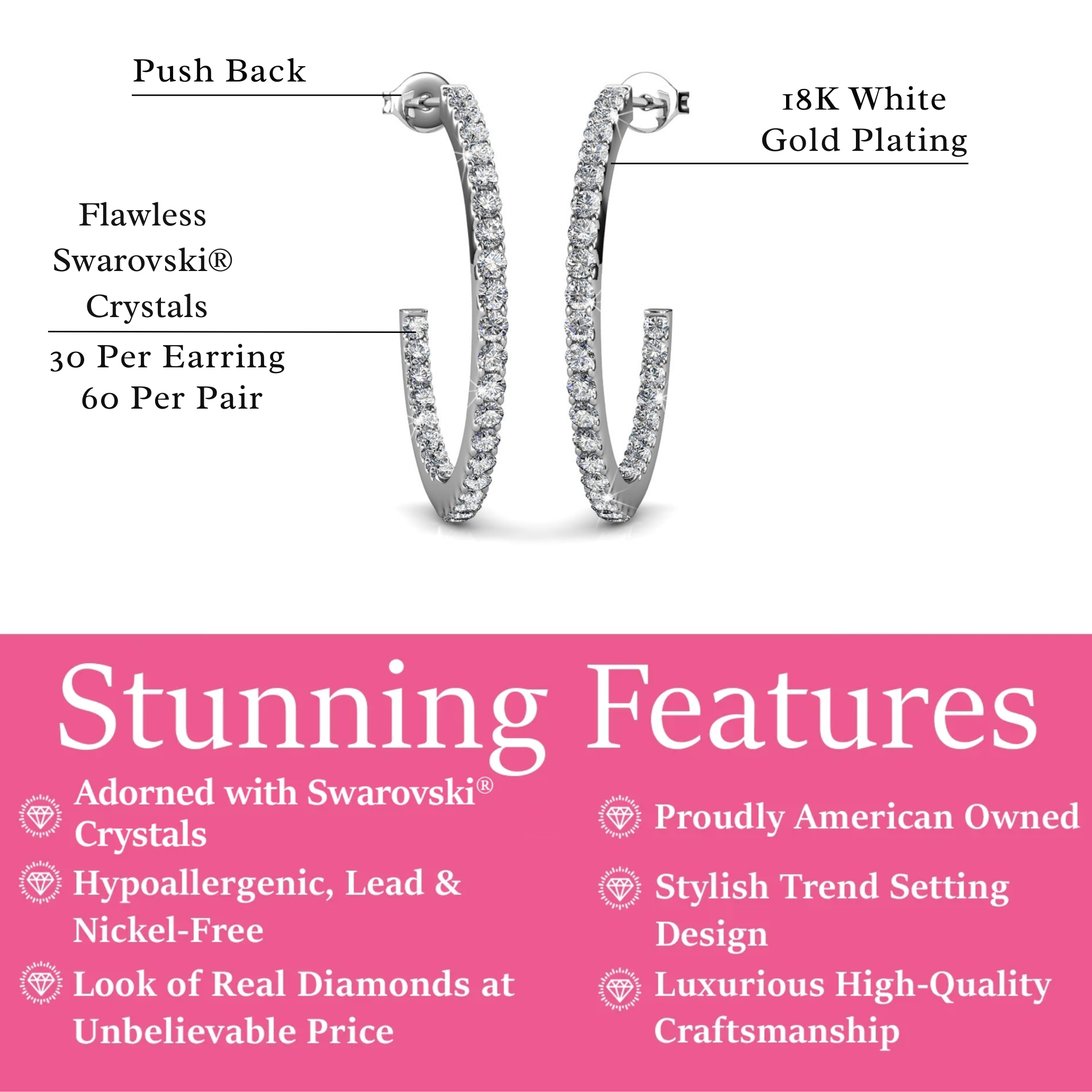 Rosalyn 18k White Gold Plated 20mm Hoop Earrings with Swarovski Crystals