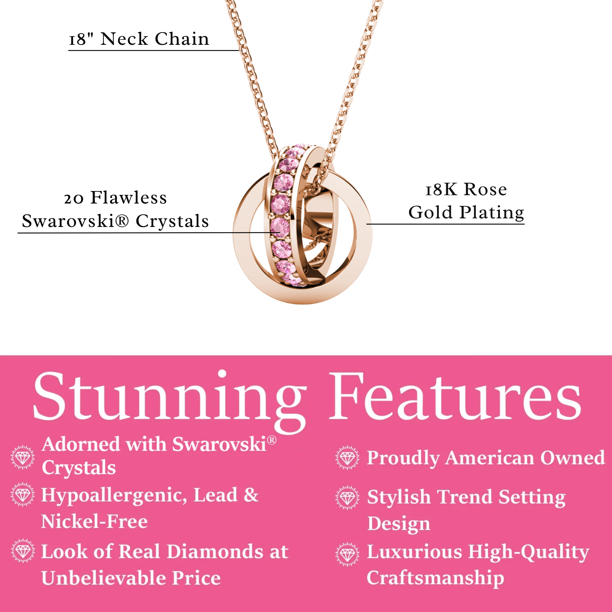 Rosie 18k 镀玫瑰金粉色水晶吊坠项链