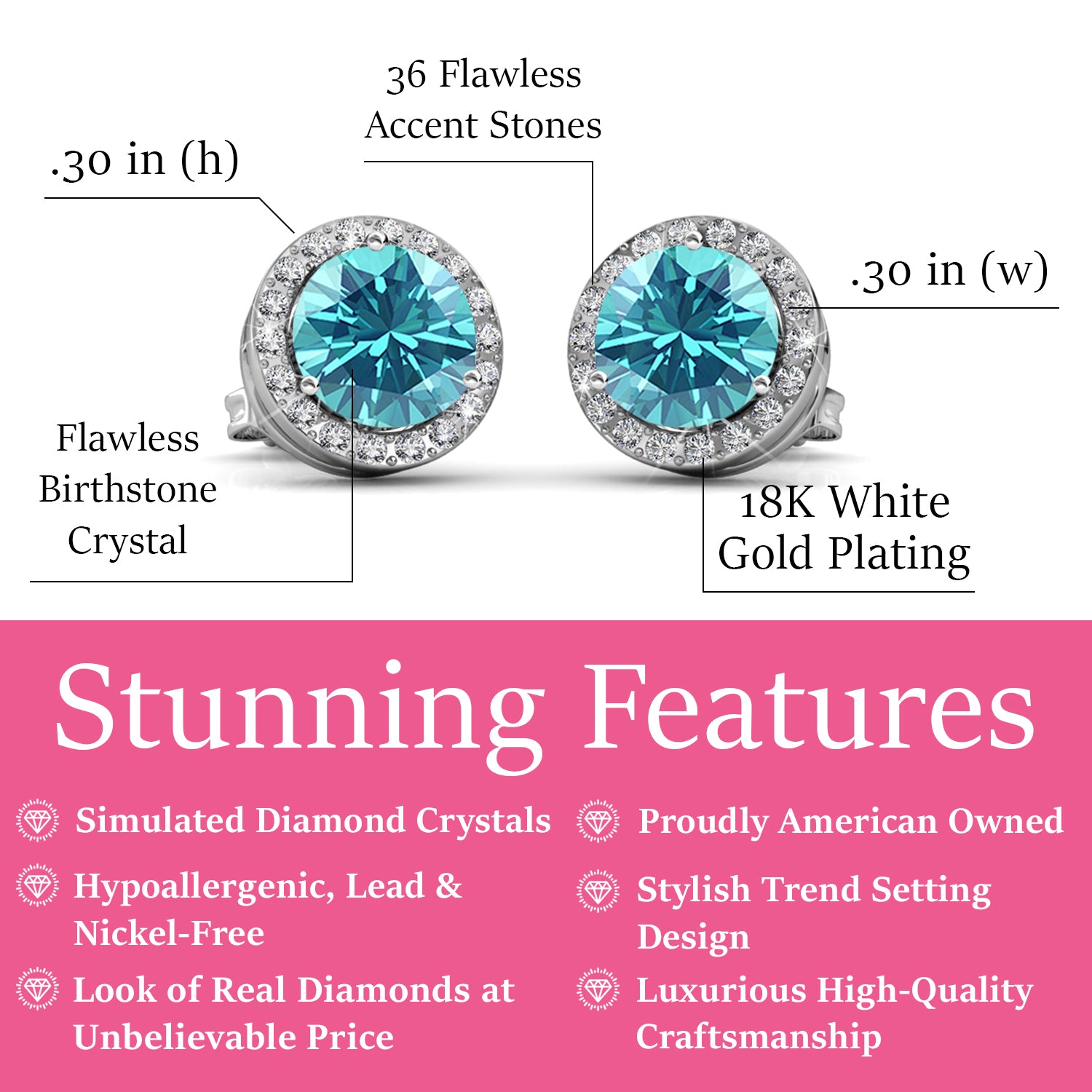 Royal March Birthstone Aquamarine Earrings, 18k White Gold Plated Silver Halo Earrings with Round Cut Crystals