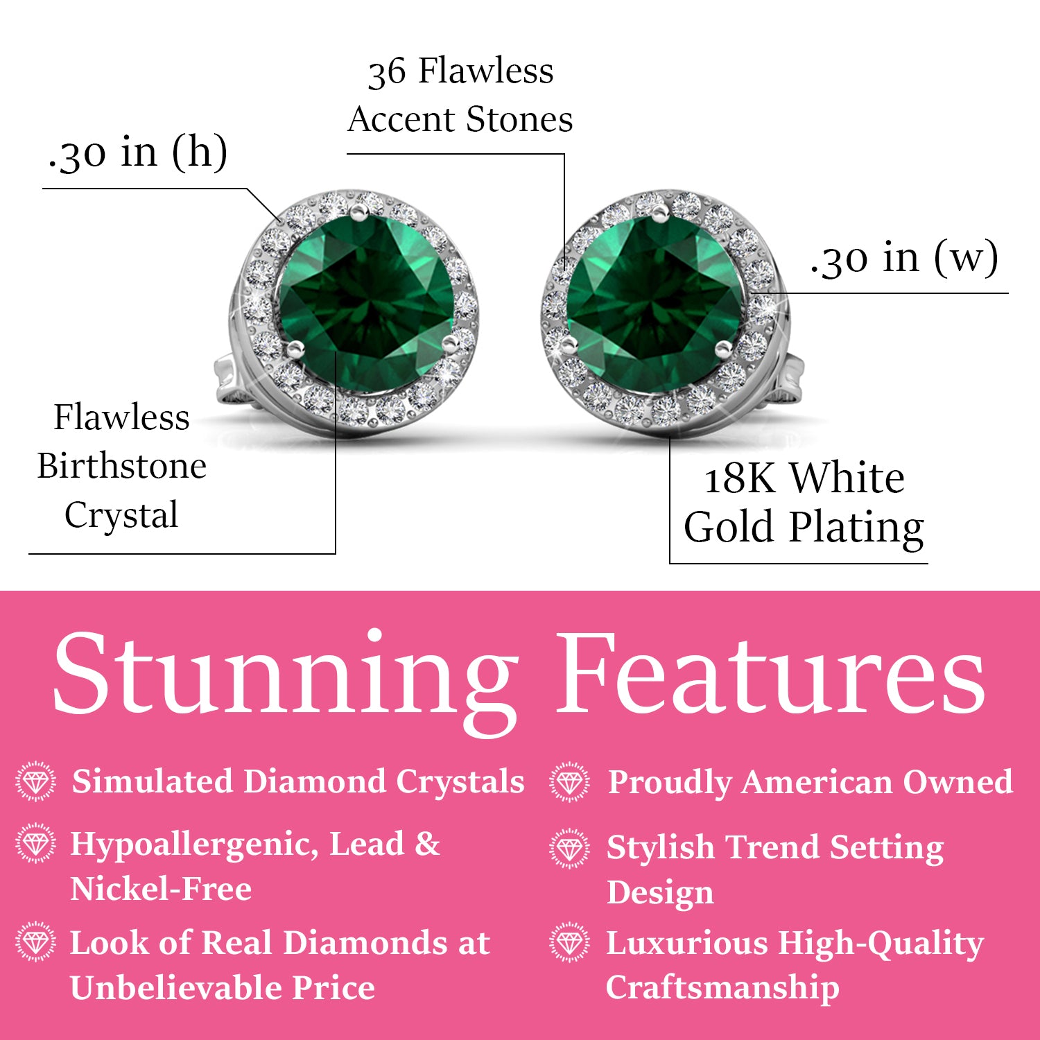 Royal May Birthstone Emerald Earrings, 18k White Gold Plated Silver Halo Earrings with Round Cut Crystals