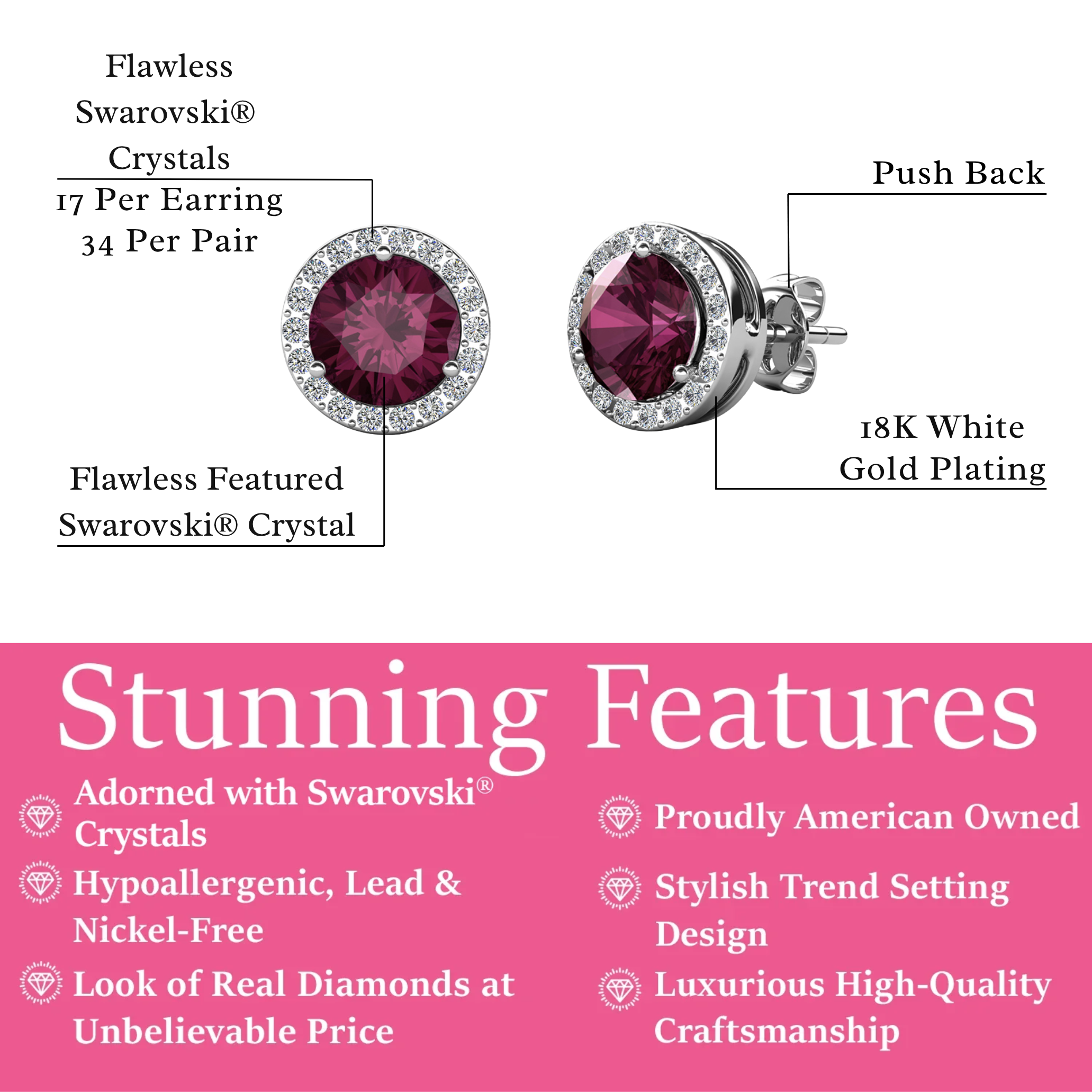 Royal Birthstone 18k White Gold Plated Halo Stud Earrings with Round Cut Swarovski Crystals