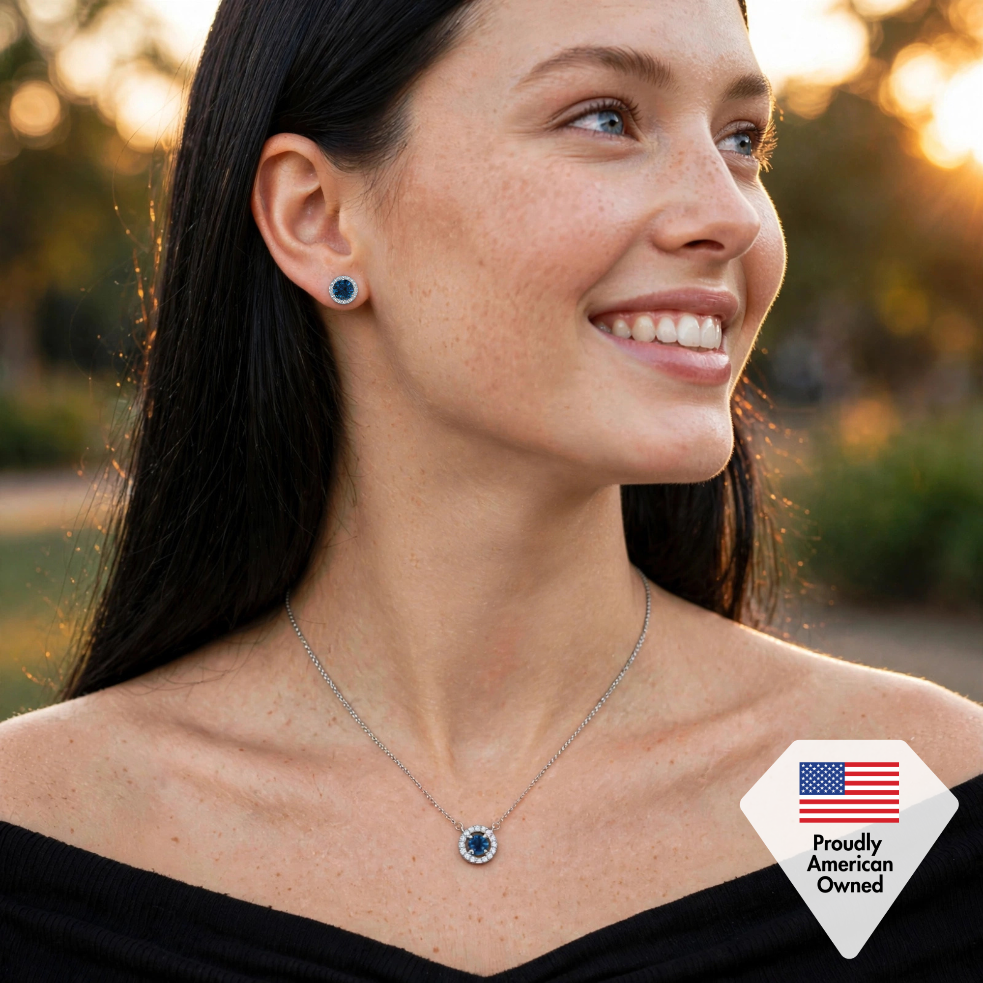 Royal Birthstone 18k White Gold Plated Halo Stud Earrings and Necklace Set with Swarovski Crystals