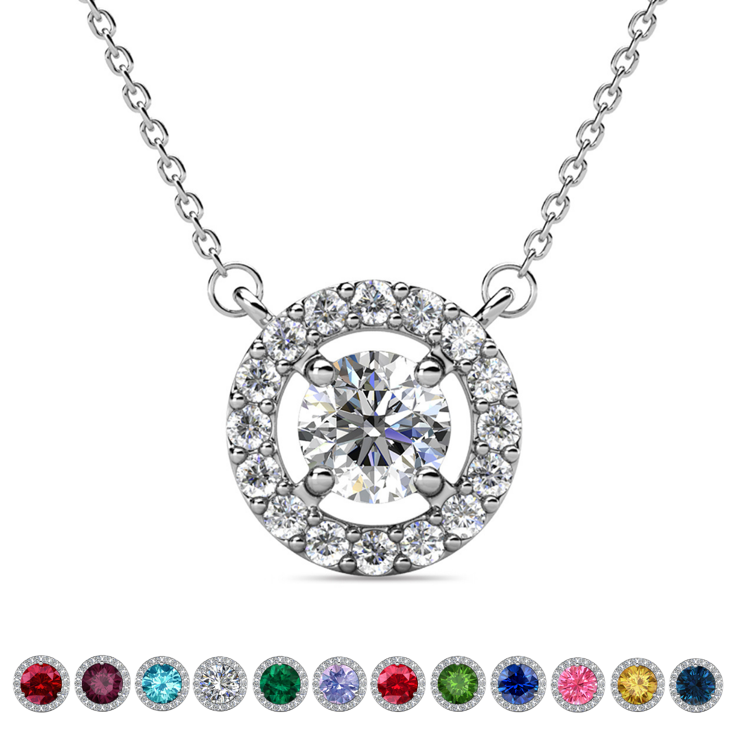 Royal Birthstone 18k White Gold Plated Halo Necklace with Round Cut Swarovski Crystals