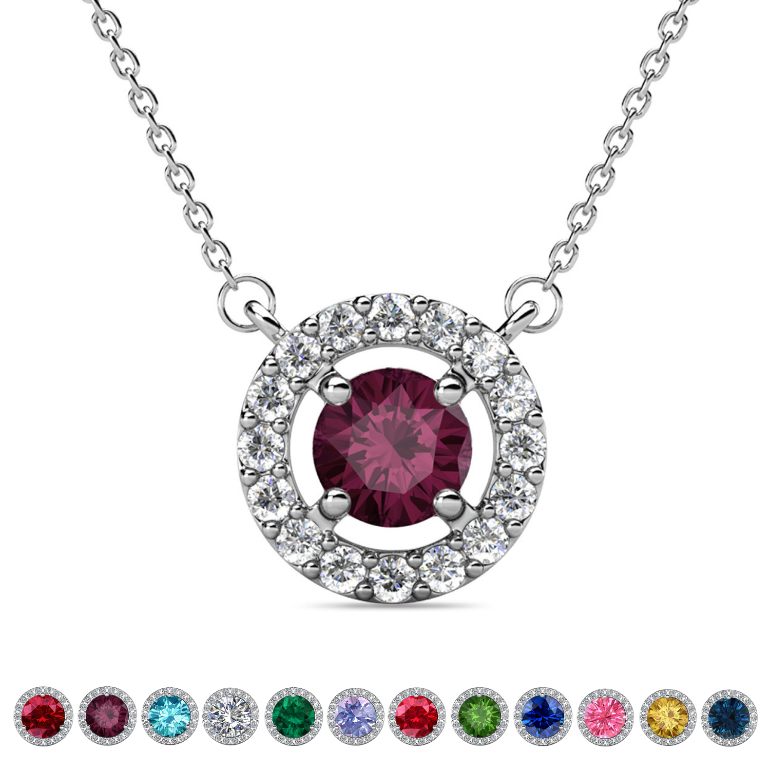 Royal Birthstone 18k White Gold Plated Halo Necklace with Round Cut Swarovski Crystals