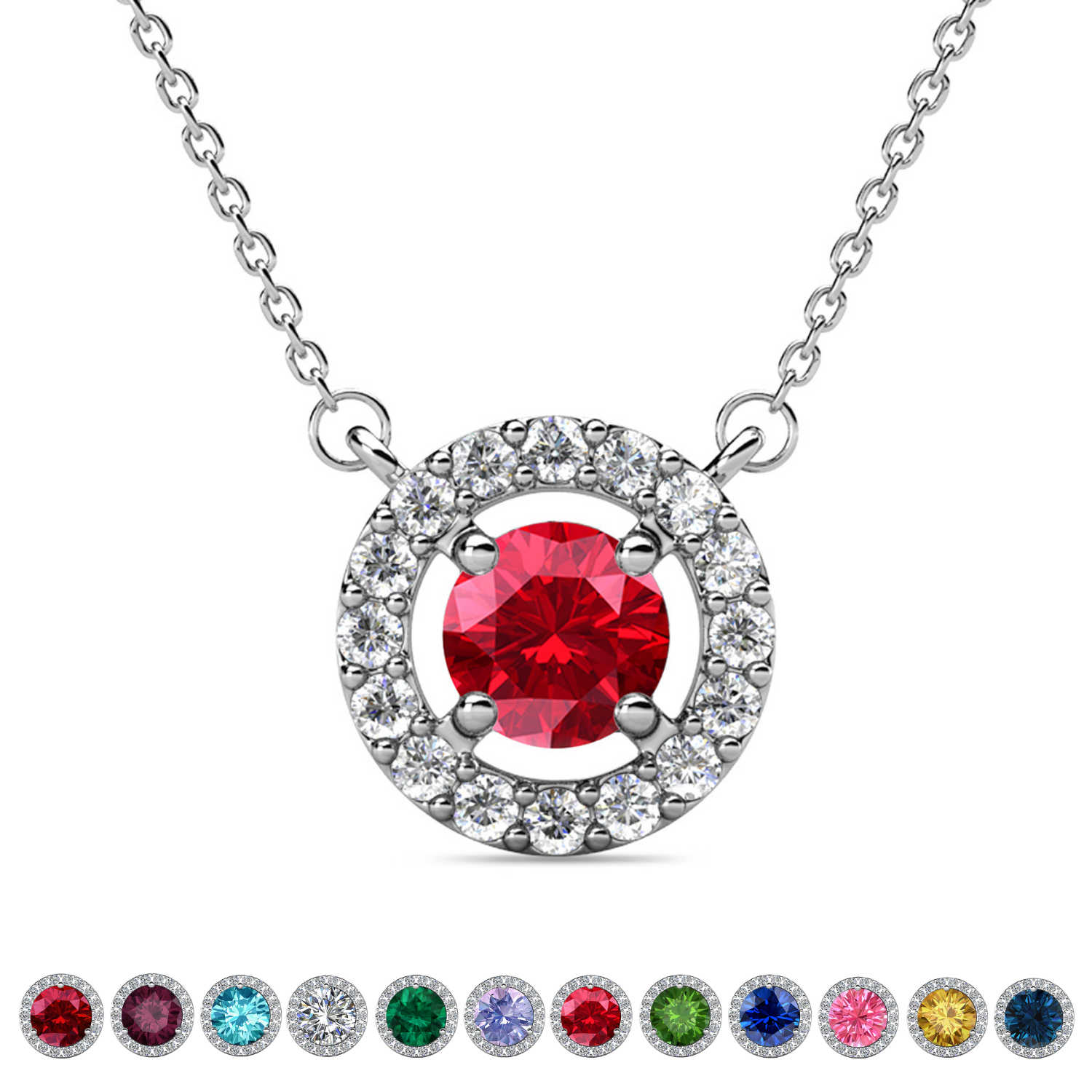 Royal Birthstone 18k White Gold Plated Halo Necklace with Round Cut Swarovski Crystals
