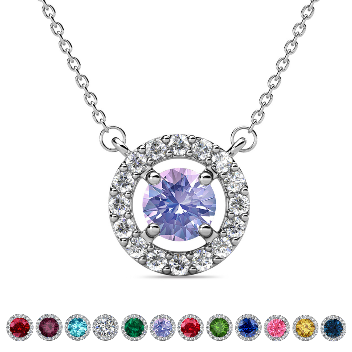 Royal Birthstone 18k White Gold Plated Halo Necklace with Round Cut Swarovski Crystals