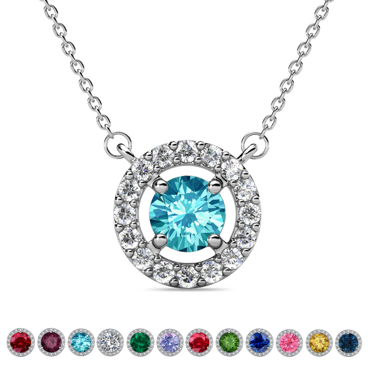 Royal Birthstone 18k White Gold Plated Halo Necklace with Round Cut Swarovski Crystals