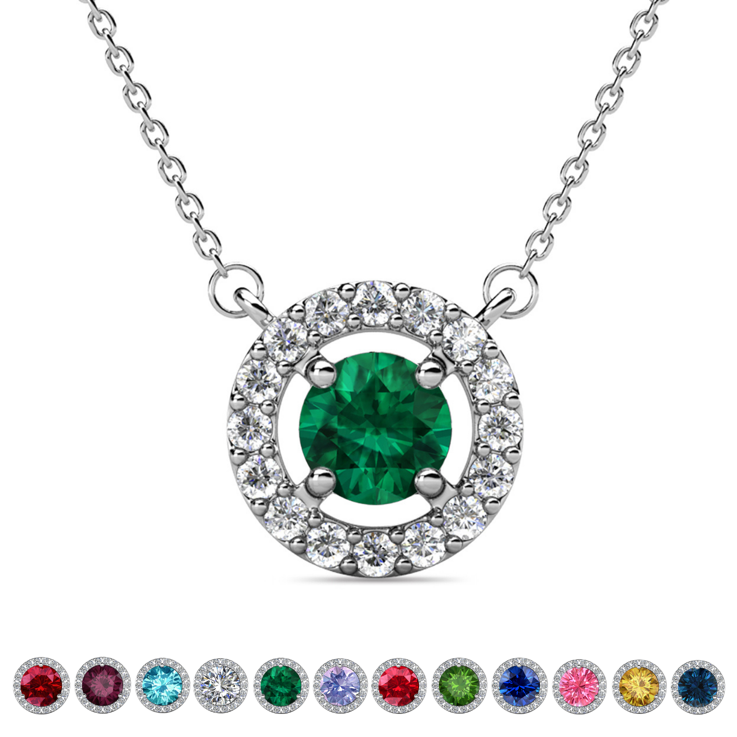 Royal Birthstone 18k White Gold Plated Halo Necklace with Round Cut Swarovski Crystals