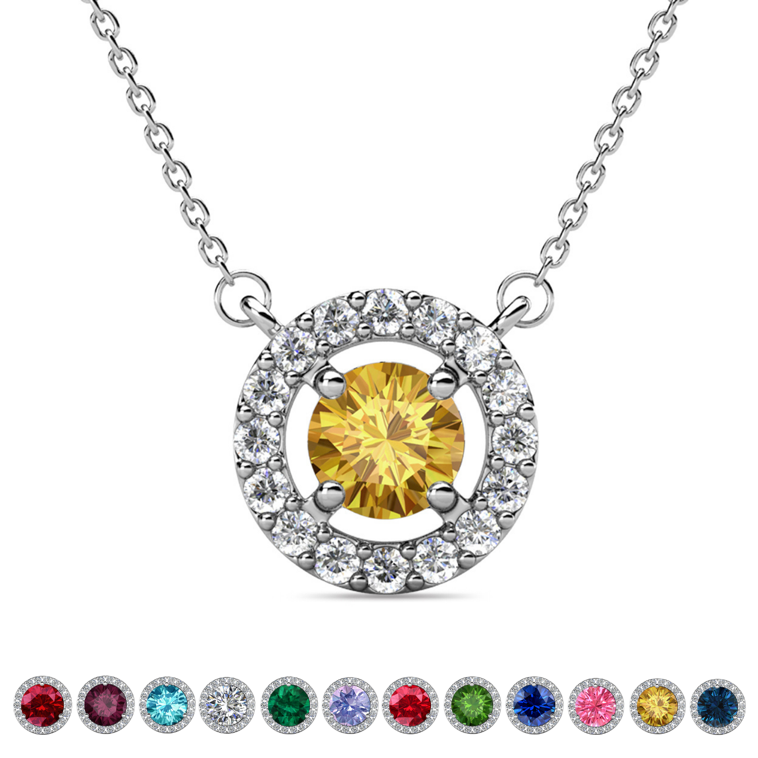 Royal Birthstone 18k White Gold Plated Halo Necklace with Round Cut Swarovski Crystals