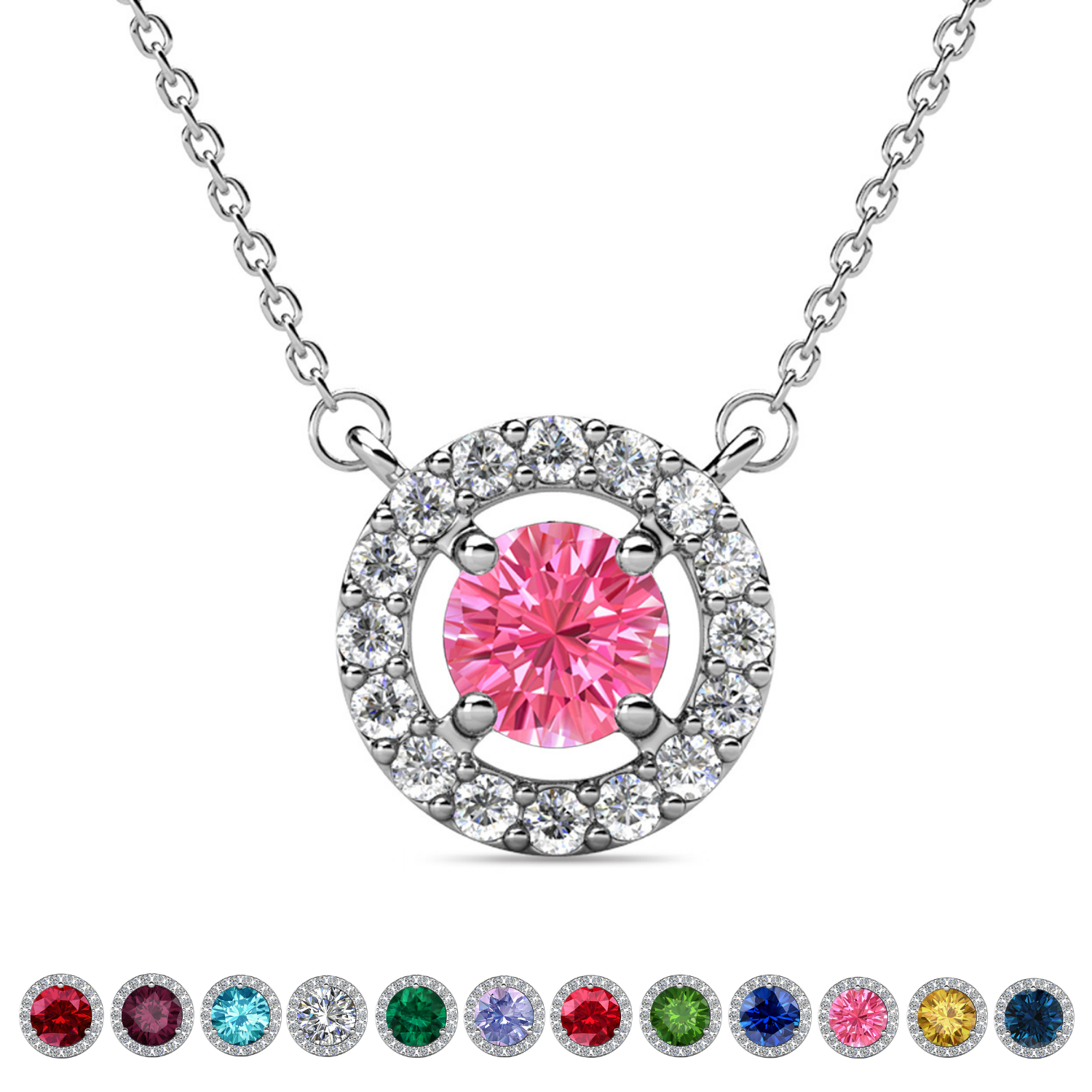 Royal Birthstone 18k White Gold Plated Halo Necklace with Round Cut Swarovski Crystals