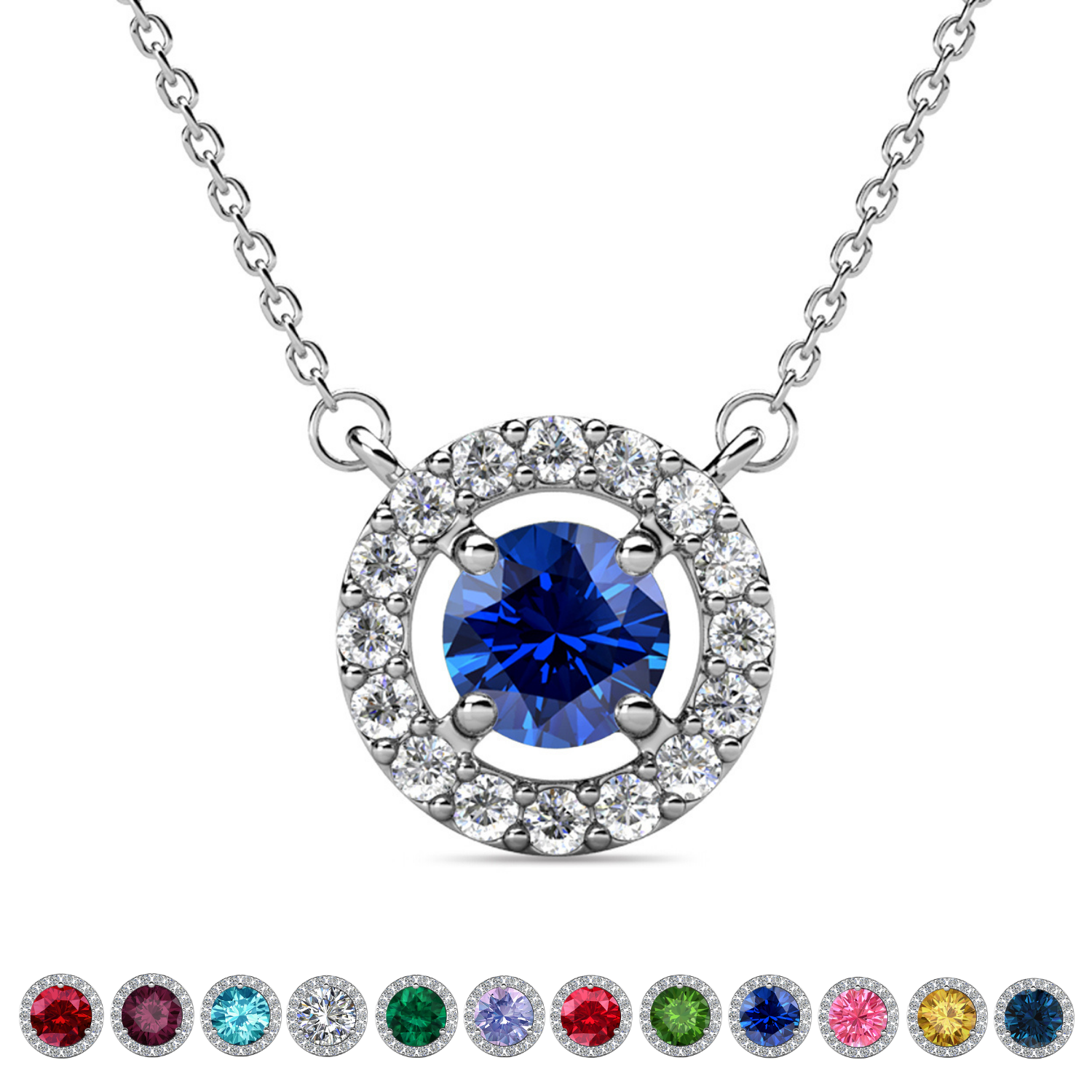 Royal Birthstone 18k White Gold Plated Halo Necklace with Round Cut Swarovski Crystals