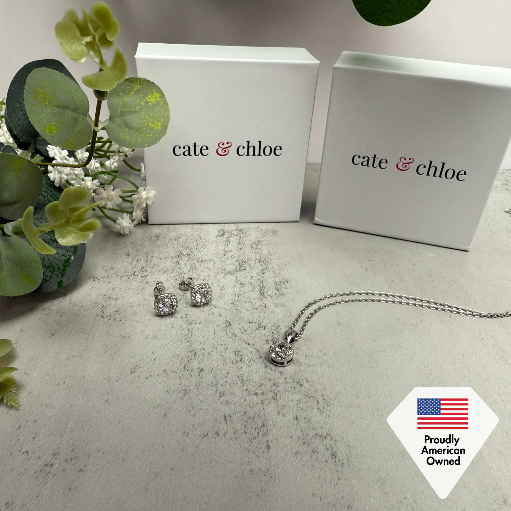 Ruth 18k White Gold Plated Stud Earrings and Necklace Jewelry Set with Swarovski Crystals