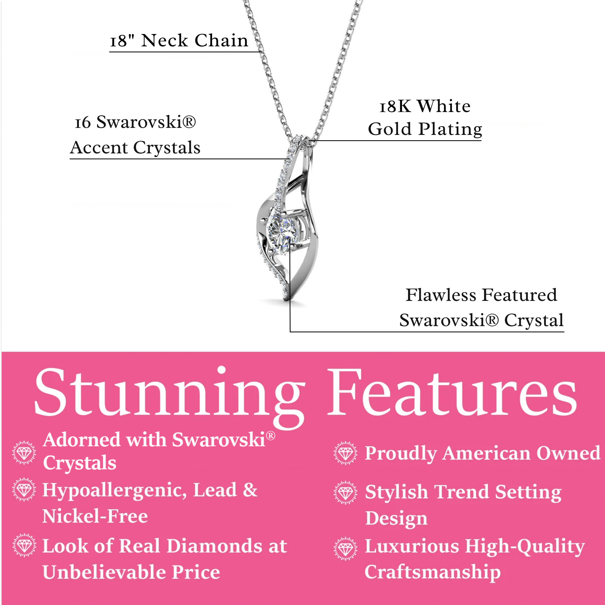 Sabrina 18k White Gold Plated Pendant Necklace with Swarovski Crystals