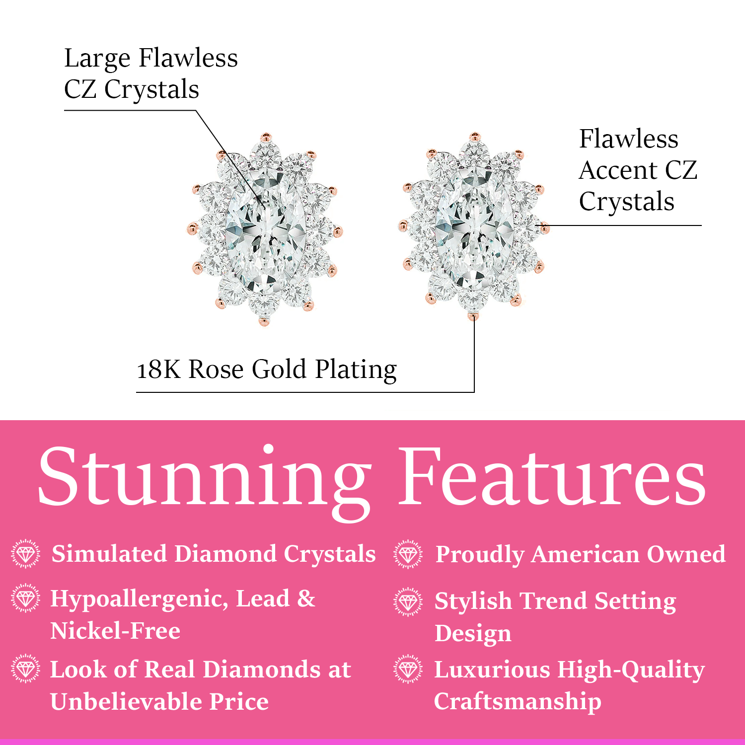 Sage 18k White Gold Plated Stud Earrings with Oval Cut Simulated Diamond Crystals