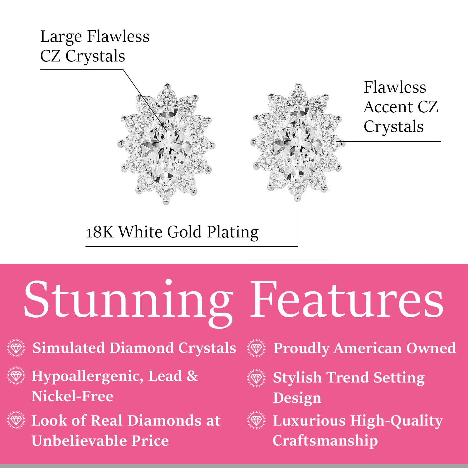 Sage 18k White Gold Plated Stud Earrings with Oval Cut Simulated Diamond Crystals