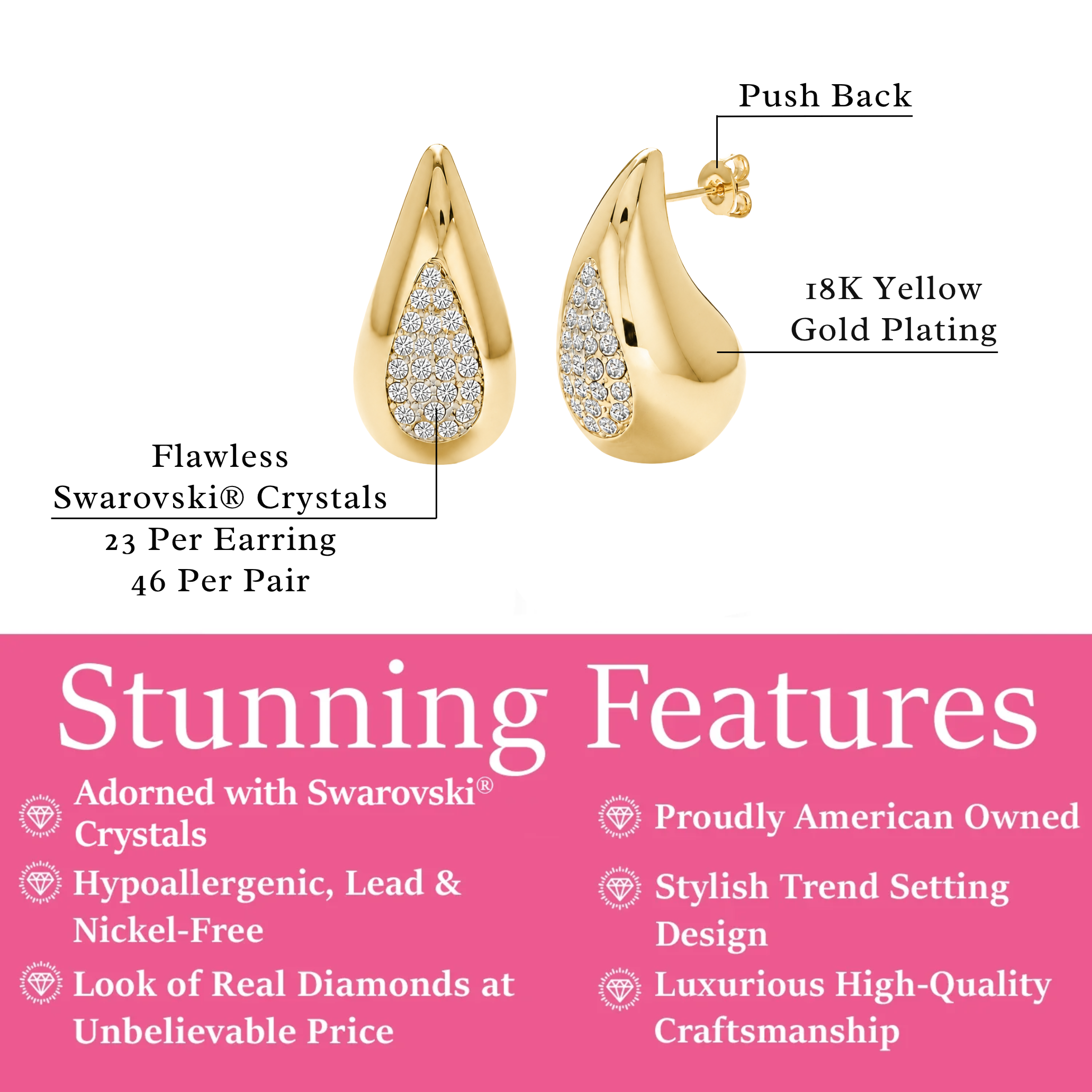 Sally 18k White Gold Plated Tear drop Stud Earrings with Swarovski Crystals