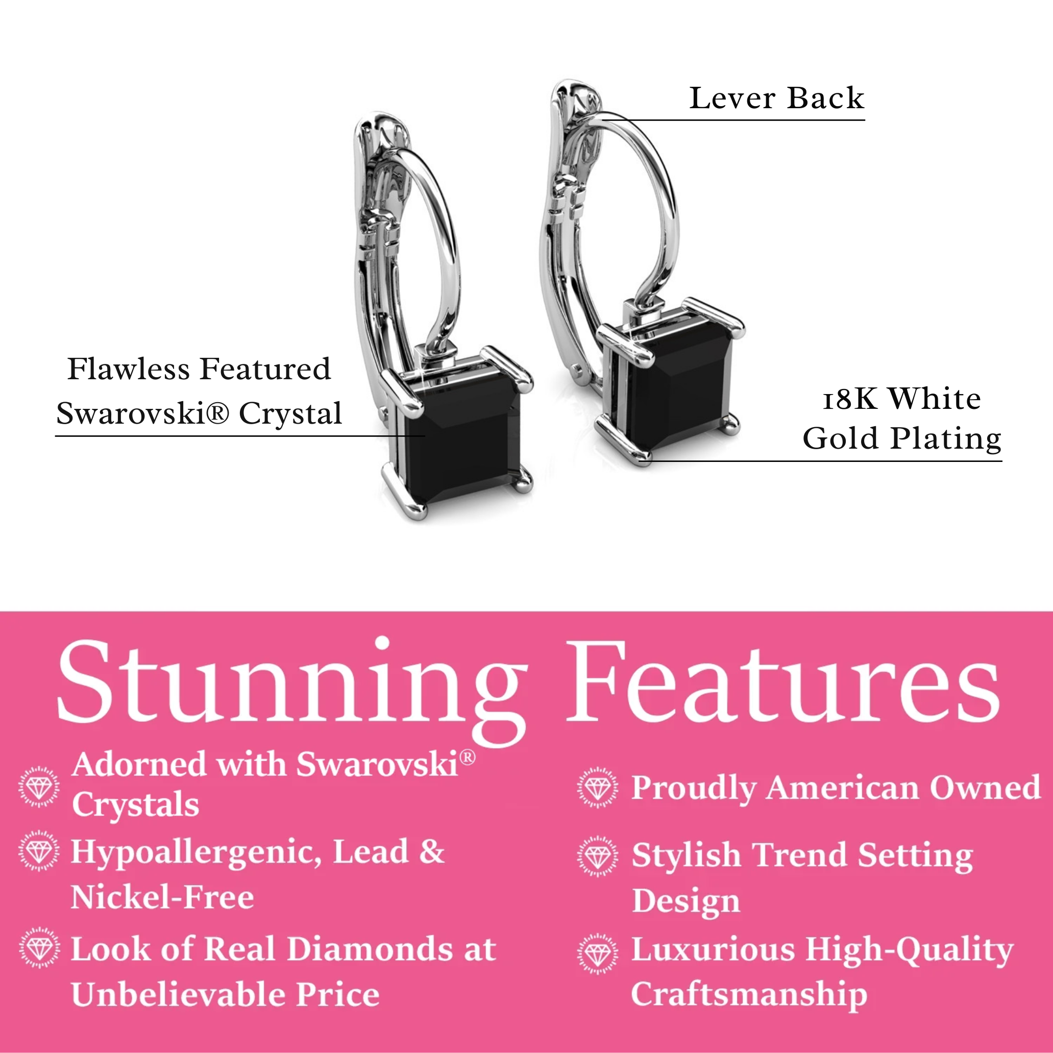 Samantha 18k White Gold Plated Drop Earrings with Black Swarovski Crystals