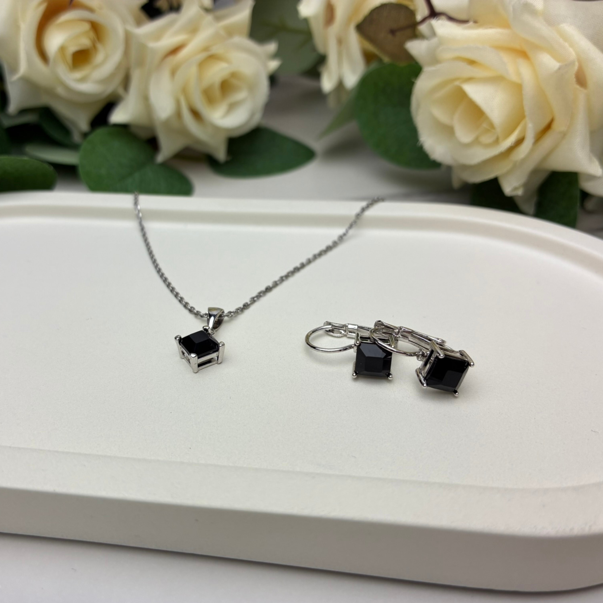 Samantha 18k White Gold Plated Drop Earrings and Necklace Jewelry Set with Black Swarovski Crystal