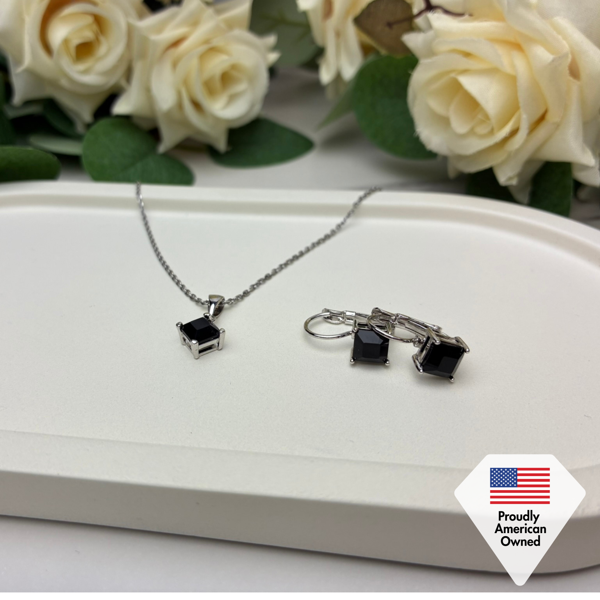 Samantha 18k White Gold Plated Drop Earrings and Necklace Jewelry Set with Black Swarovski Crystal