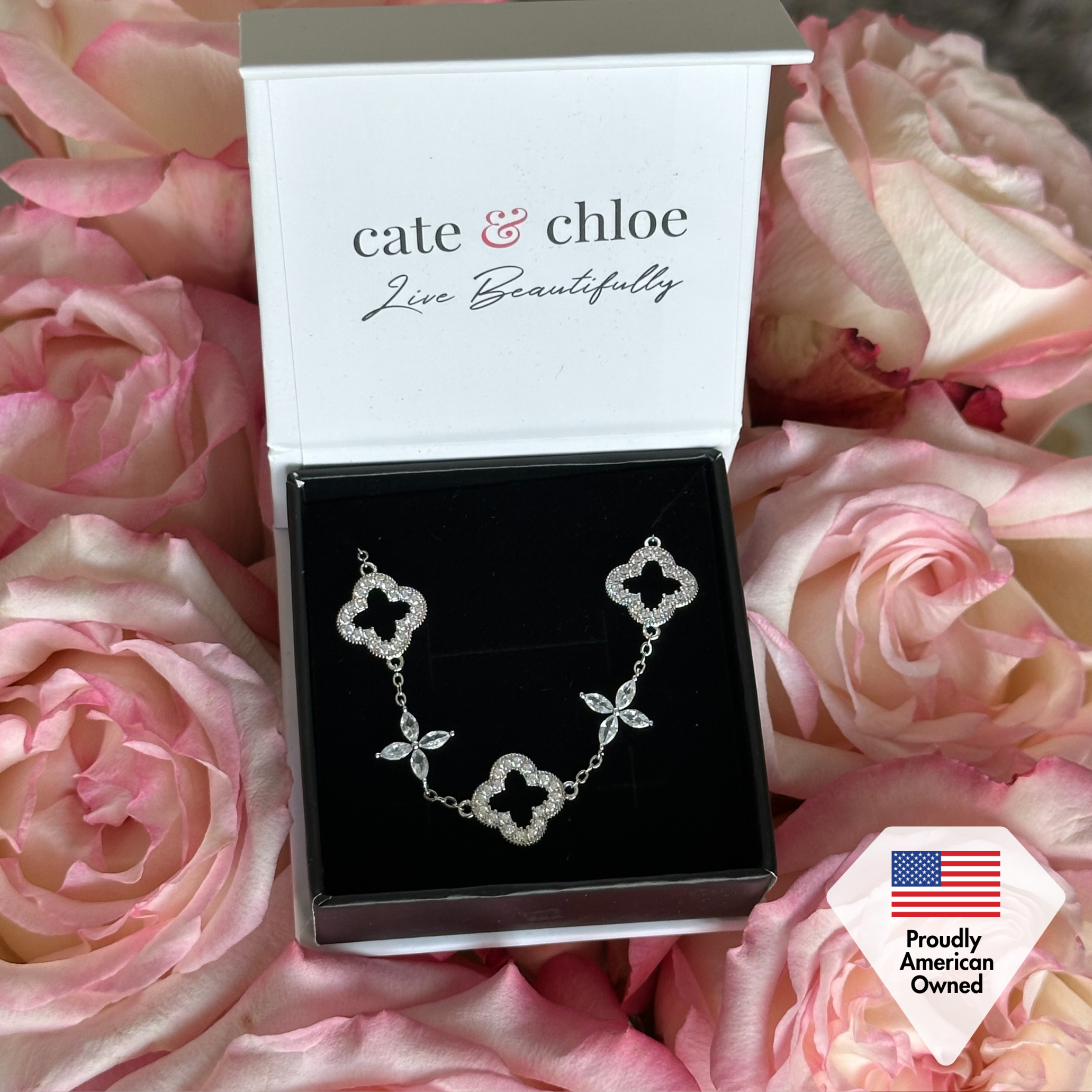 Samara 18k White Gold Plated Clover Station Bracelet with Swarovski Crystals