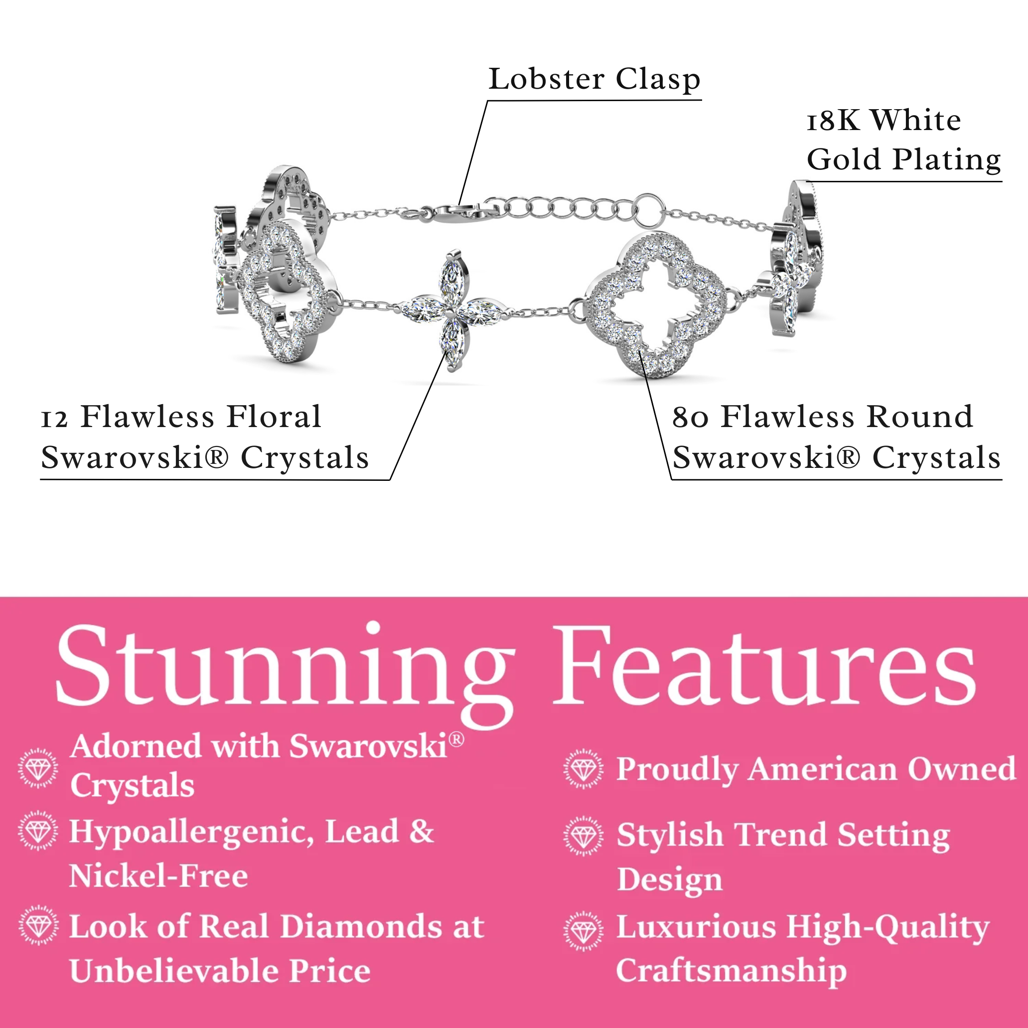 Samara 18k White Gold Plated Clover Station Bracelet with Swarovski Crystals