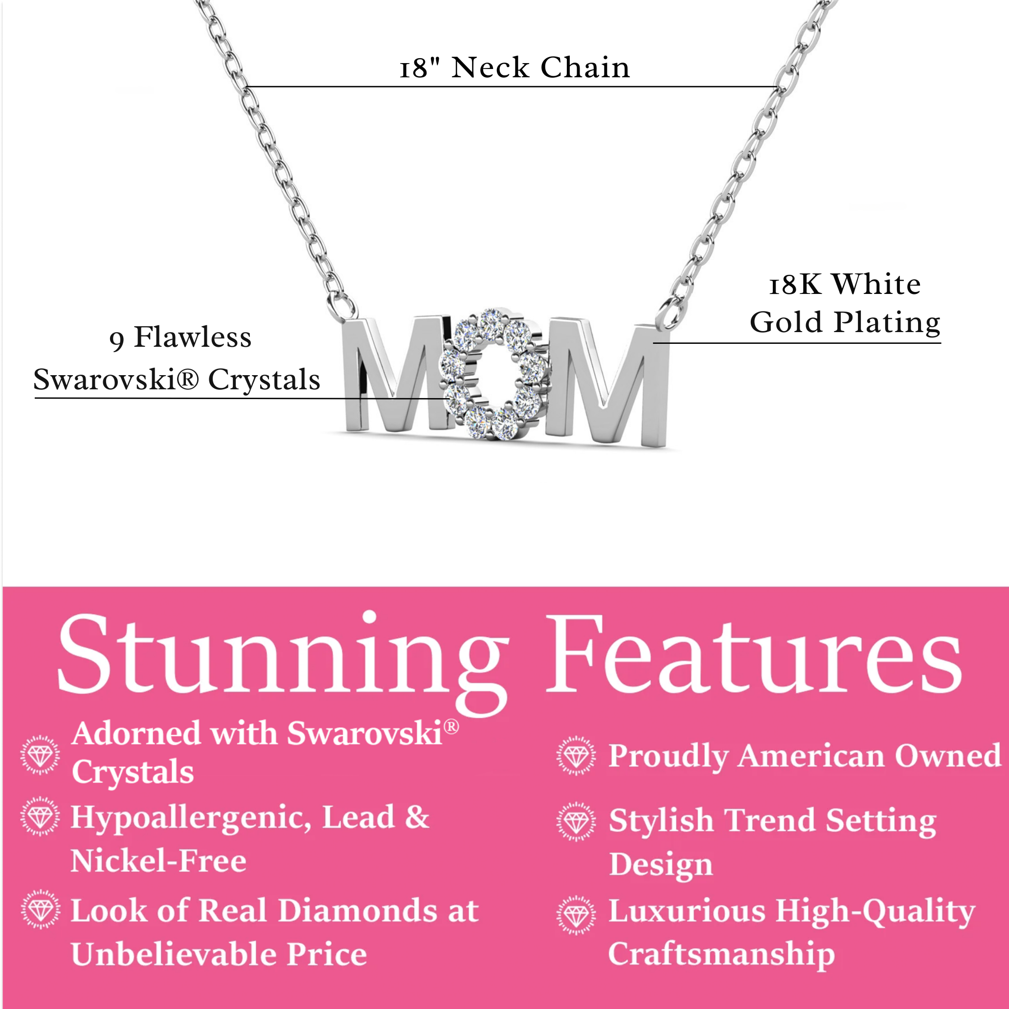 Savannah 18k White Gold Plated Necklace with Swarovski Crystals & Heartfelt Message for Mom