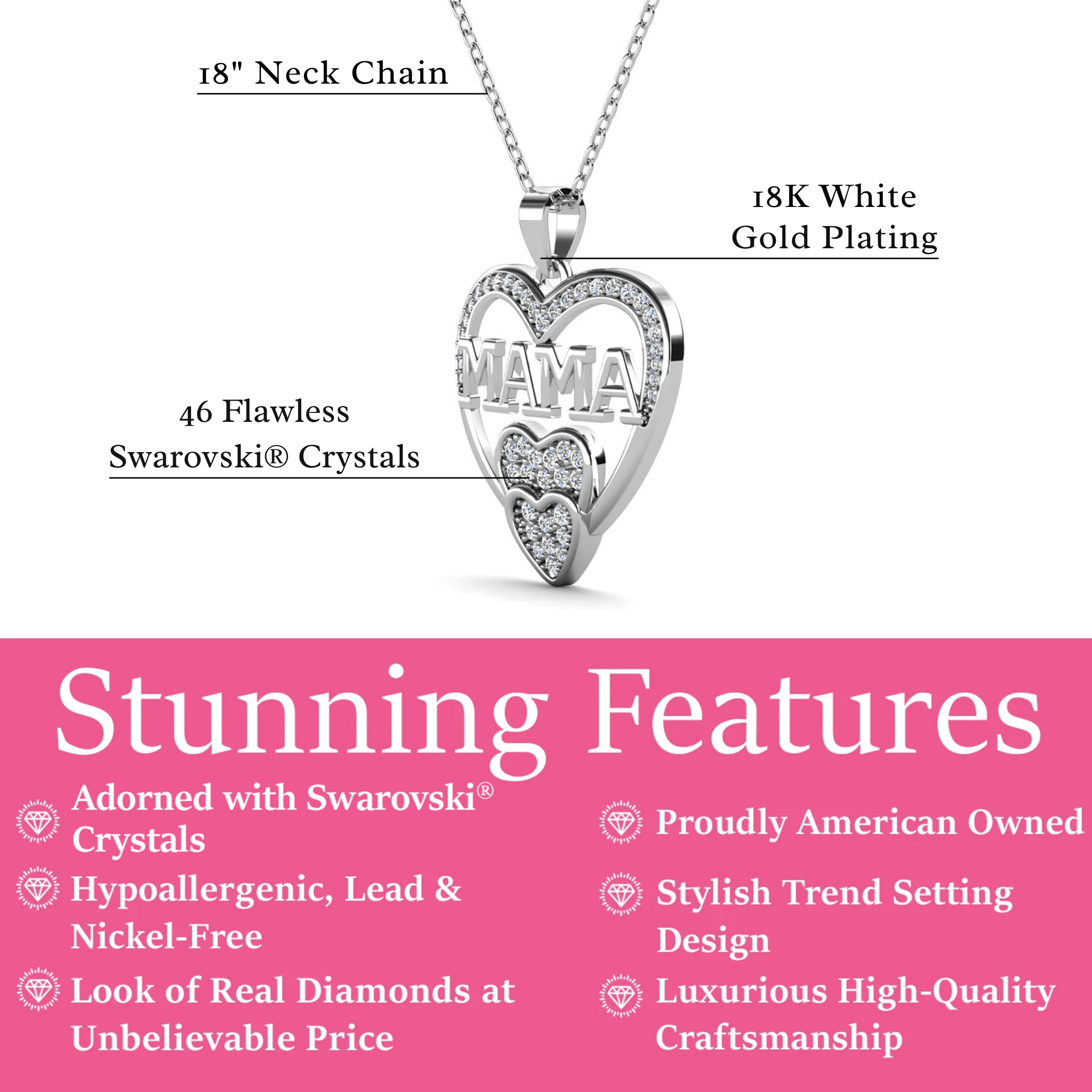 Selena 18k White Gold Plated Mama Heart Pendant Necklace with Simulated Diamond Crystals