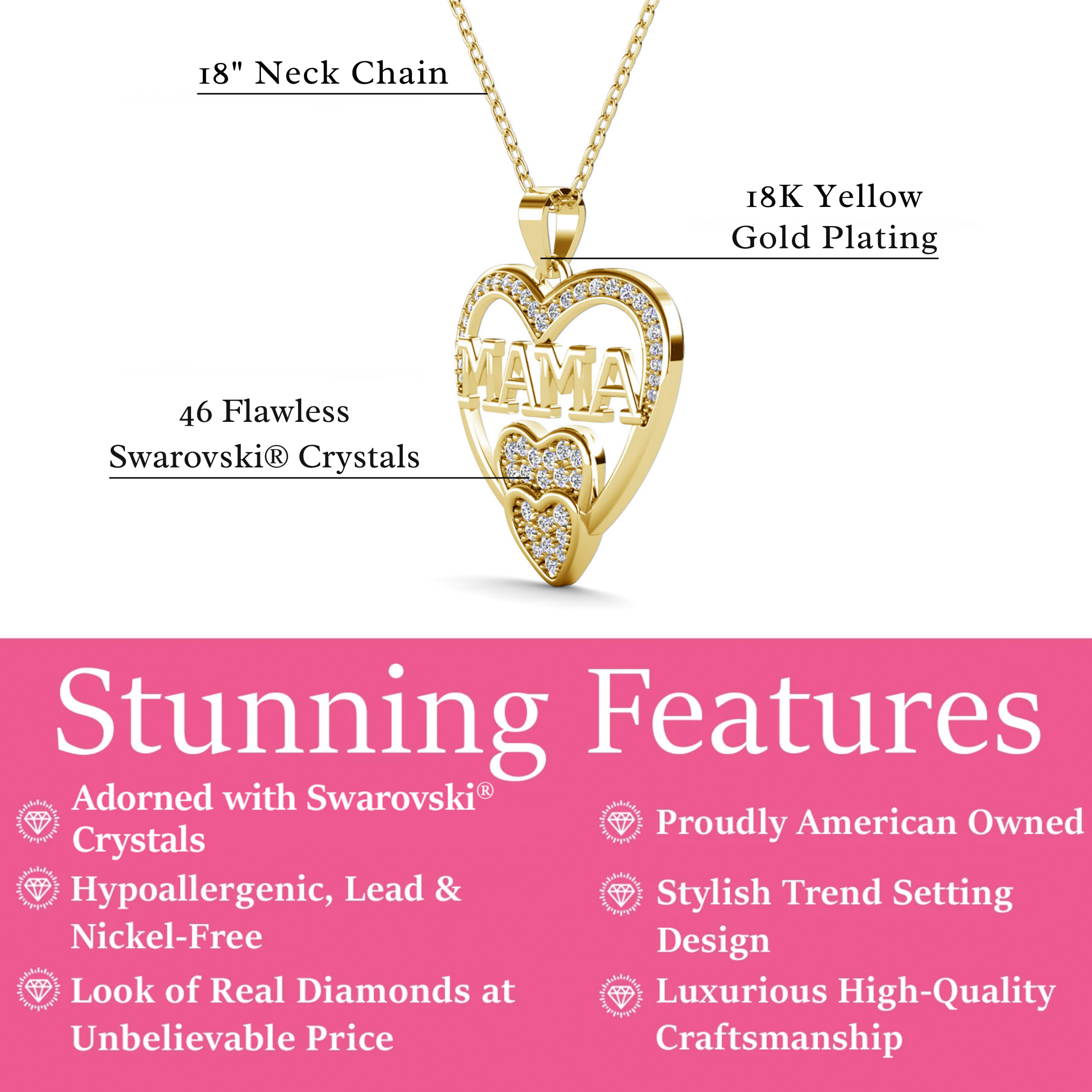 Selena 18k White Gold Plated Mama Heart Pendant Necklace with Simulated Diamond Crystals