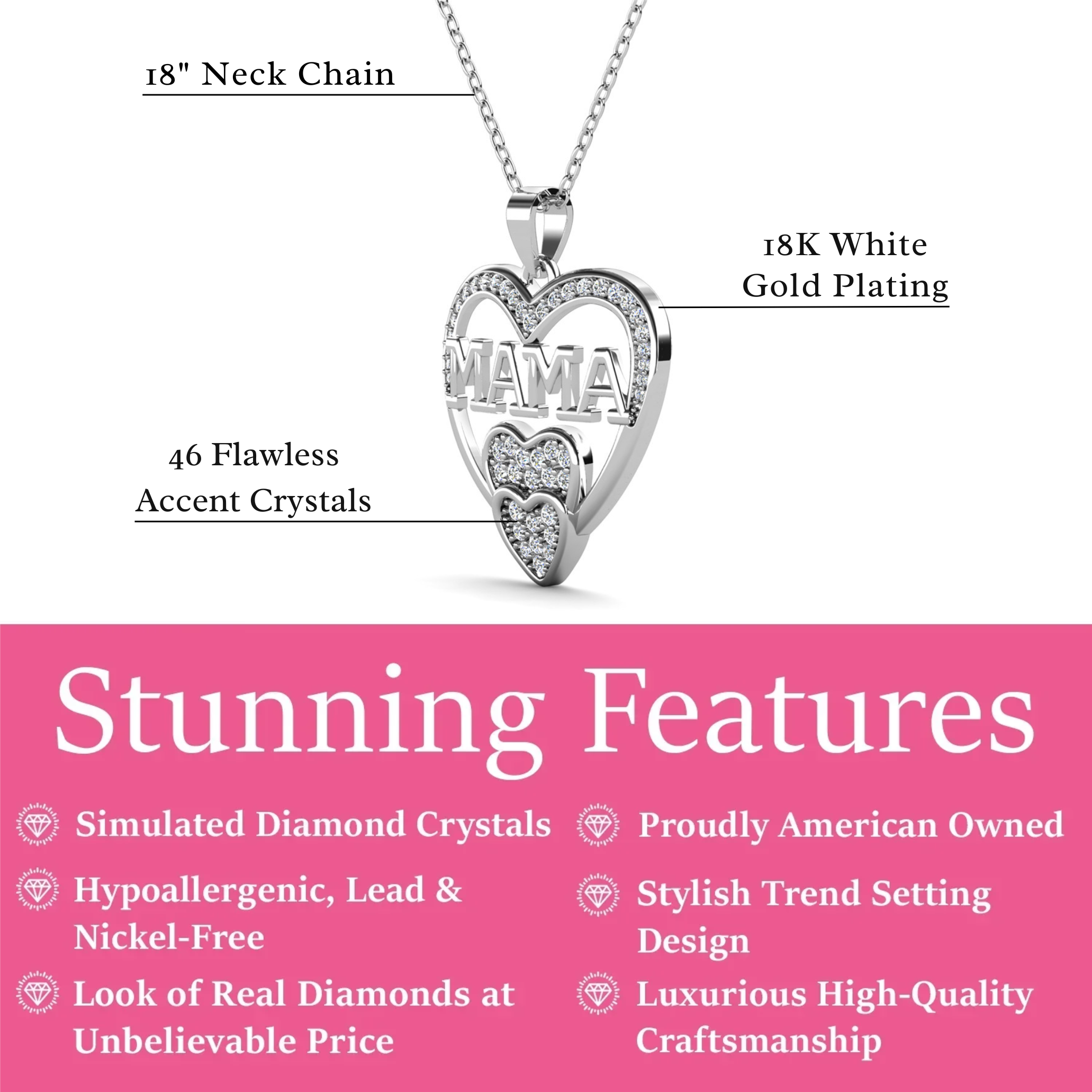 Selena 18k White Gold Plated Mama Heart Pendant Necklace with Simulated Diamond Crystals