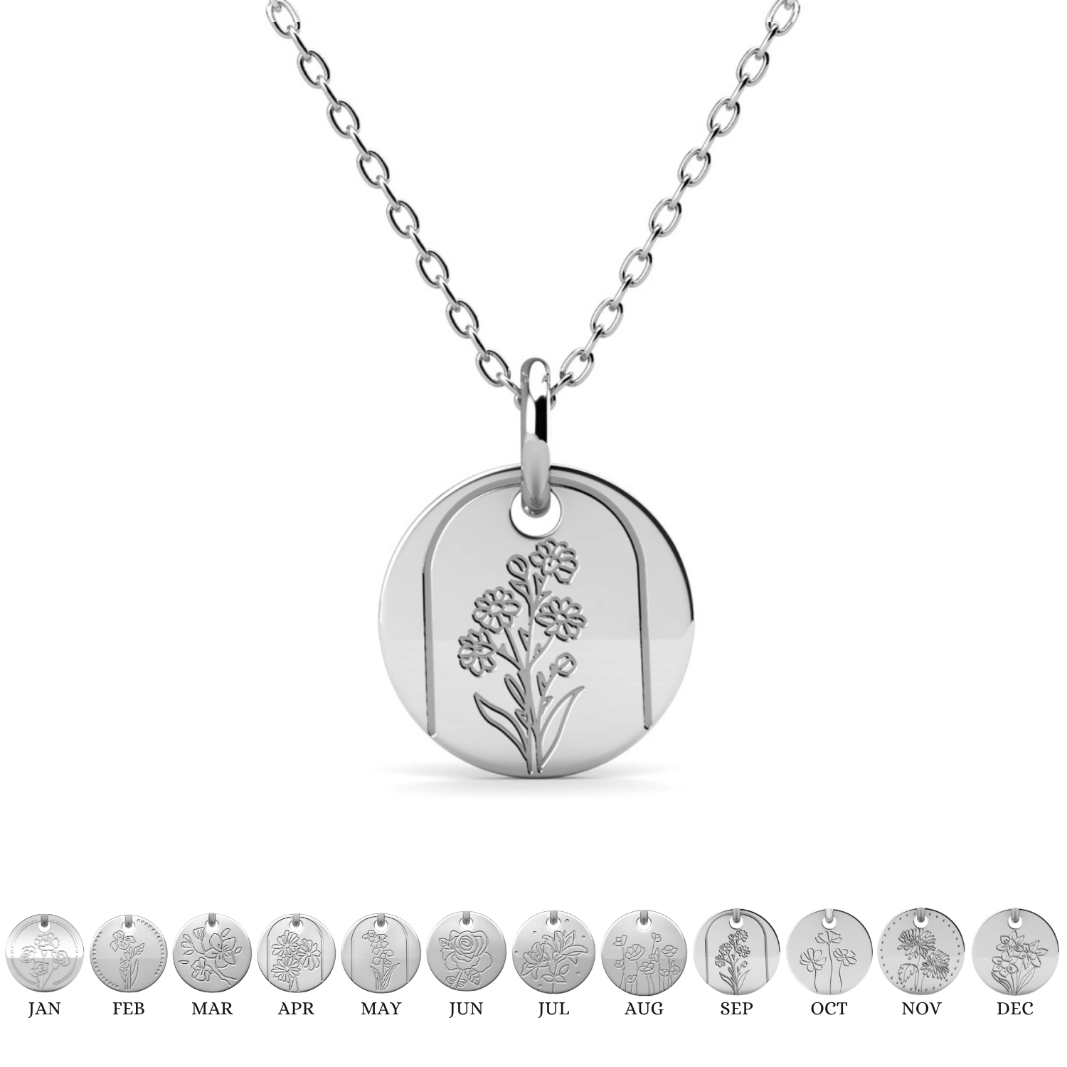 Floral 18k White Gold Plated Engraved Birth Month Flower Pendant Necklace