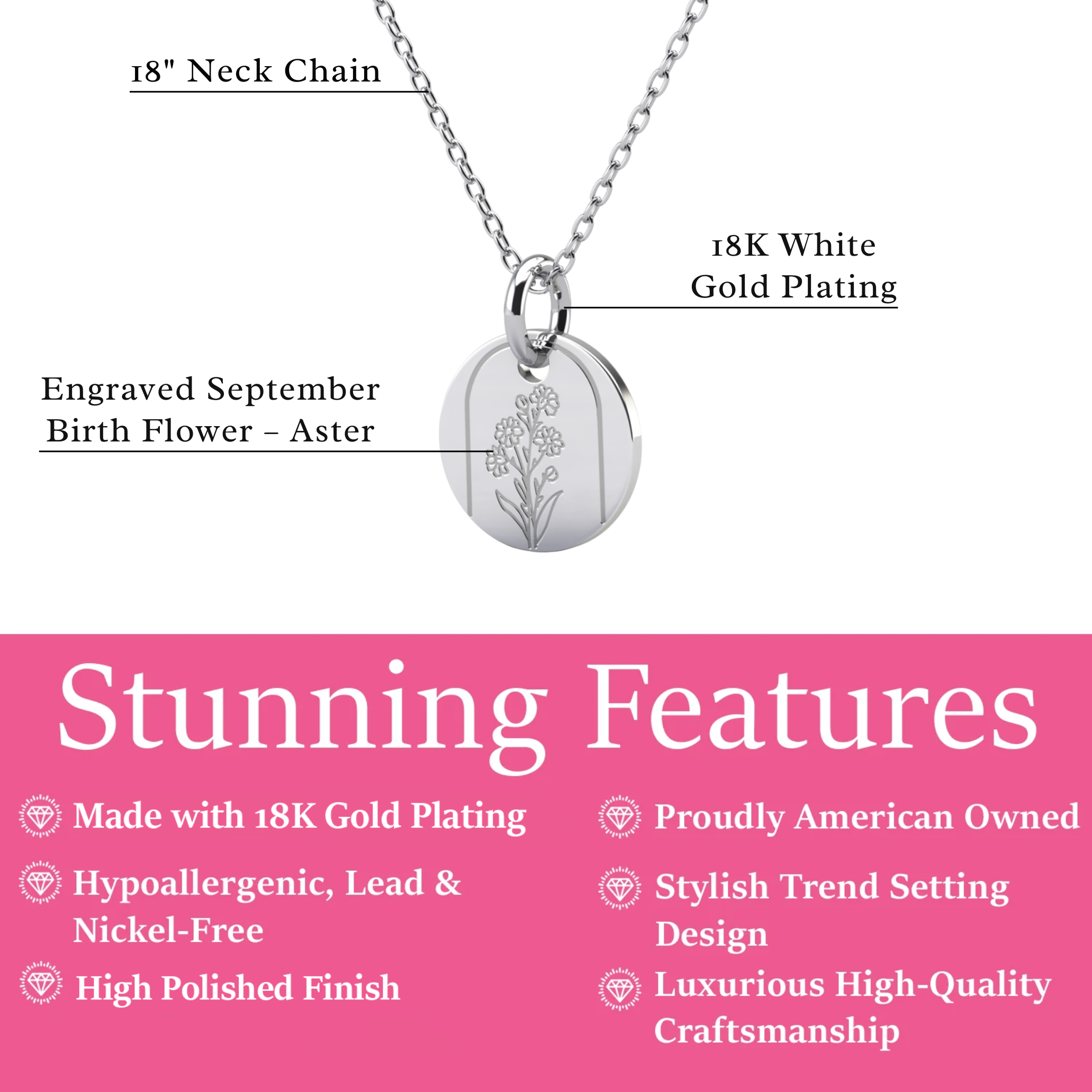 Floral 18k White Gold Plated Engraved Birth Month Flower Pendant Necklace