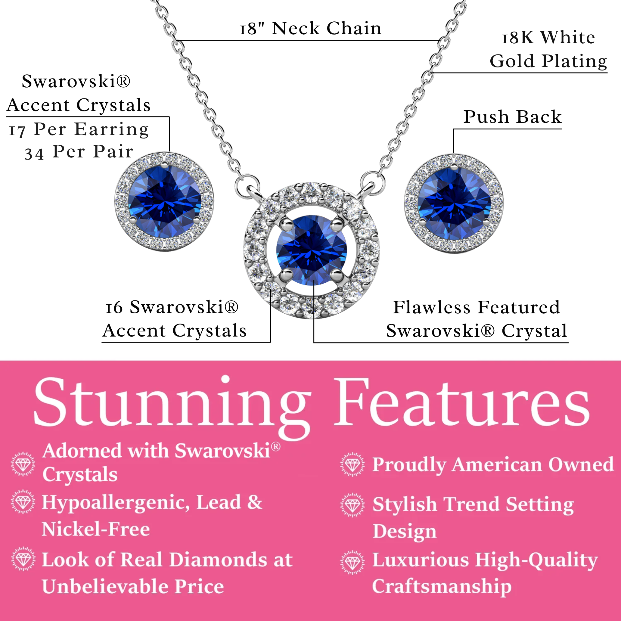 Royal Birthstone 18k White Gold Plated Halo Stud Earrings and Necklace Set with Swarovski Crystals