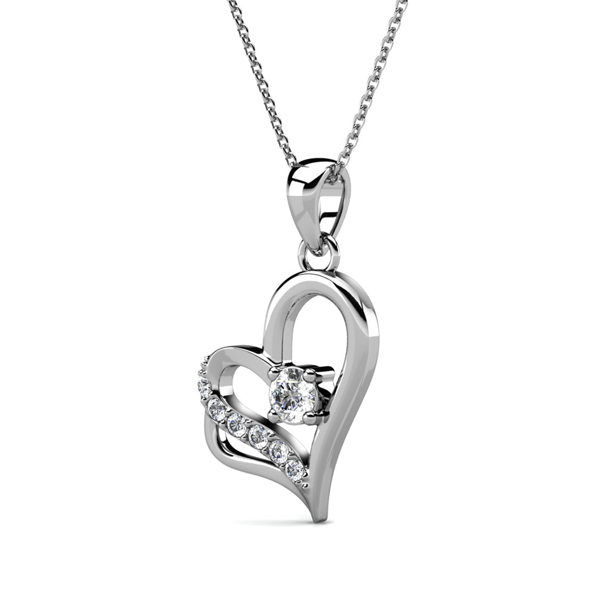 Kara 18k White Gold Plated Silver Heart Necklace with Swarovski Crystals