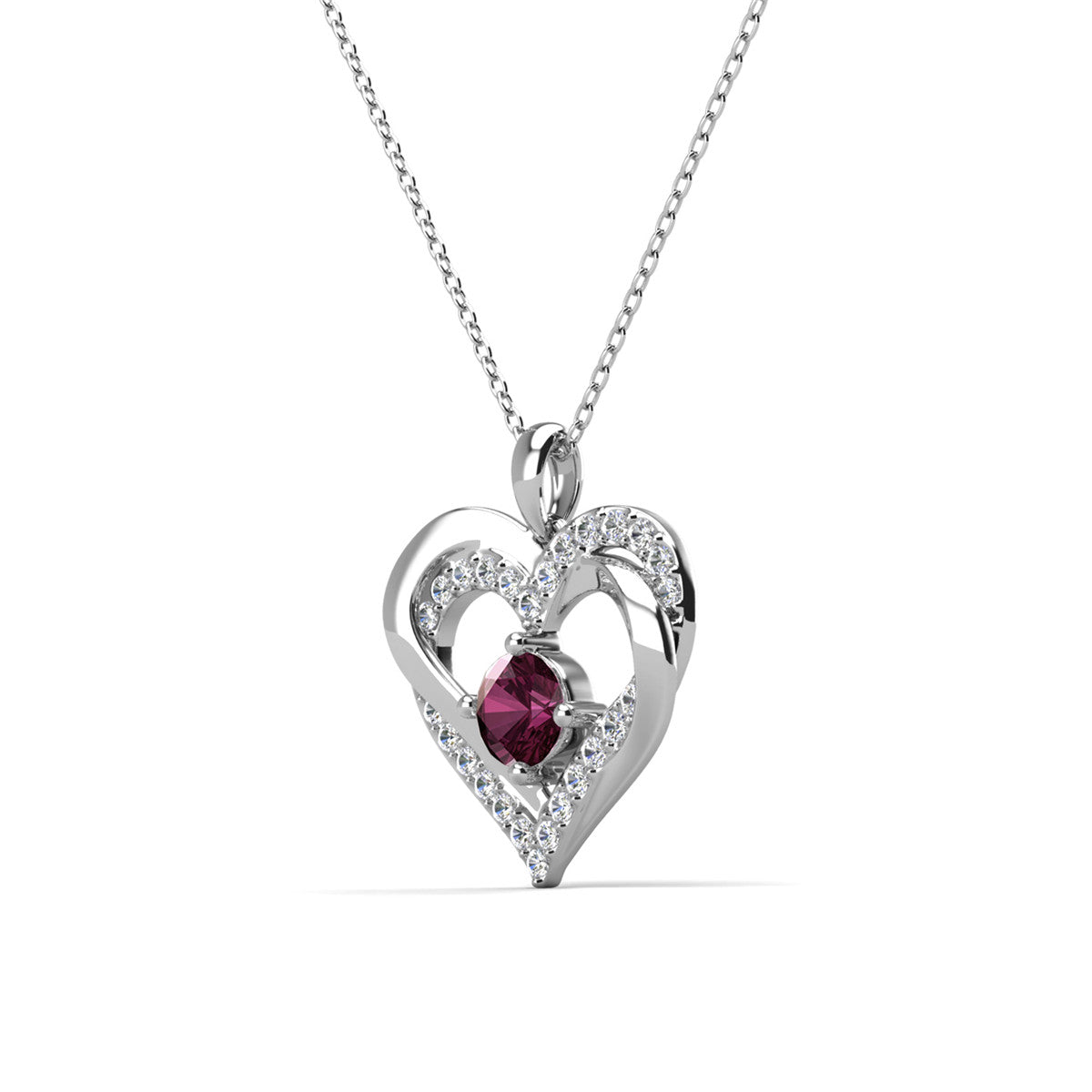 Forever February 18k White Gold Plated Amethyst Birthstone Double Heart Necklace with Crystals