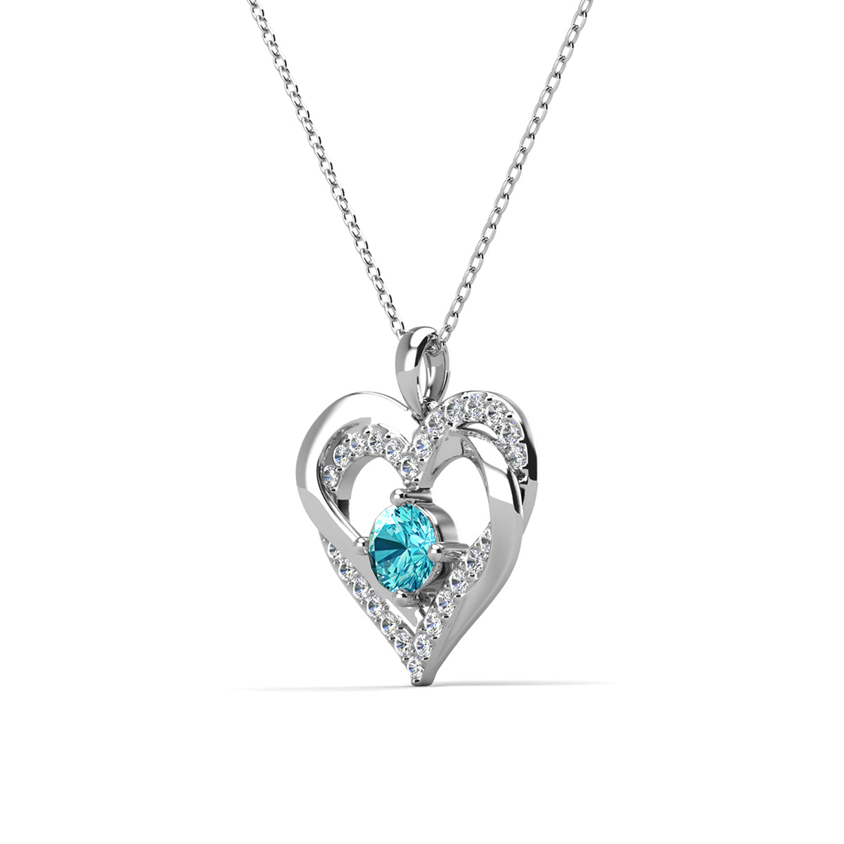 Forever 18k White Gold Plated Birthstone Double Heart Necklace with Swarovski Crystals