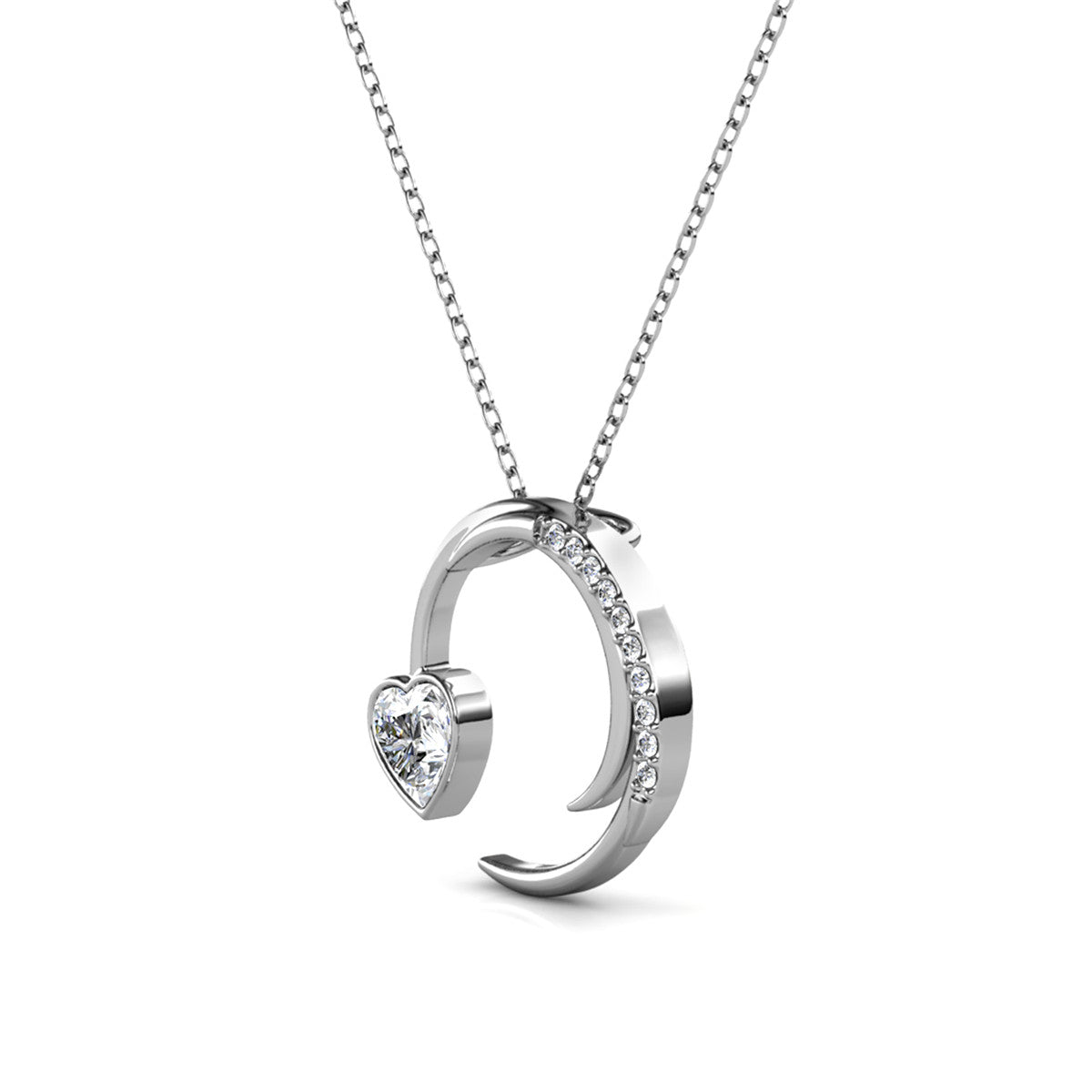 Aelin 18k White Gold Plated Silver Necklace, Crescent Heart Pendant with Swarovski Crystals