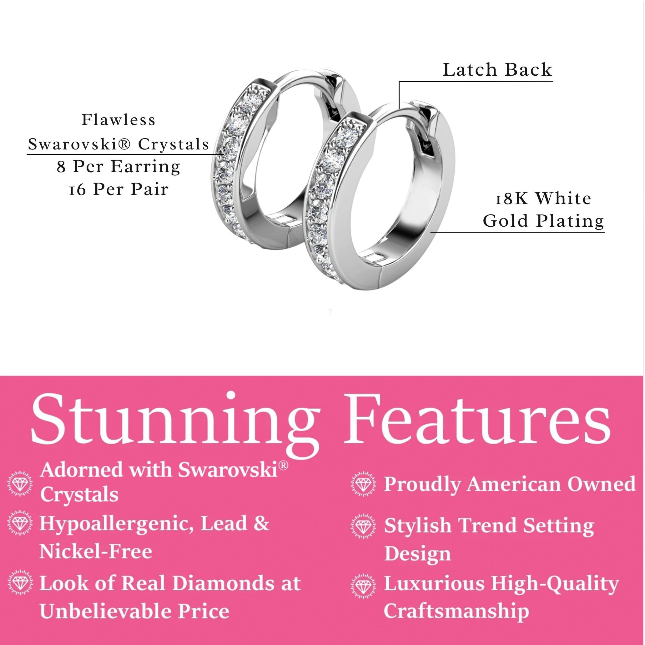 Skye 18k White Gold Plated 12mm Crystal Hoop Earrings with Swarovski Crystals