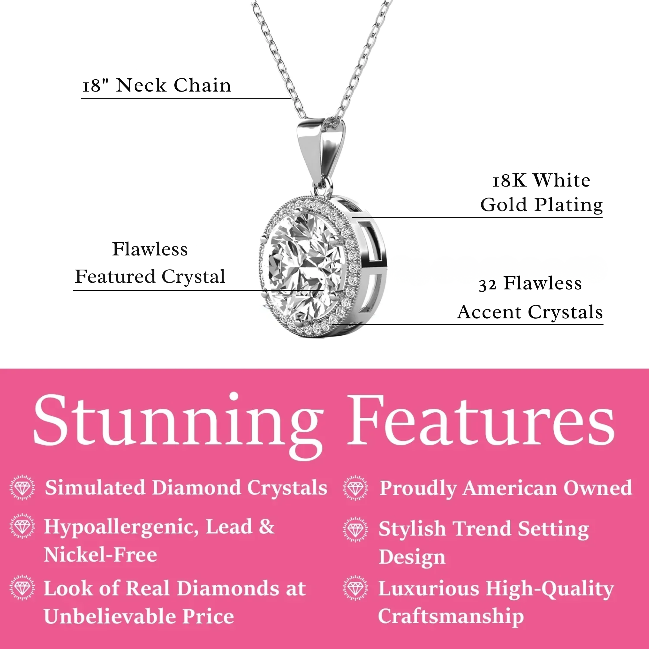Sophia 18k White Gold Plated Pendant Necklace with Simulated Diamond Crystals