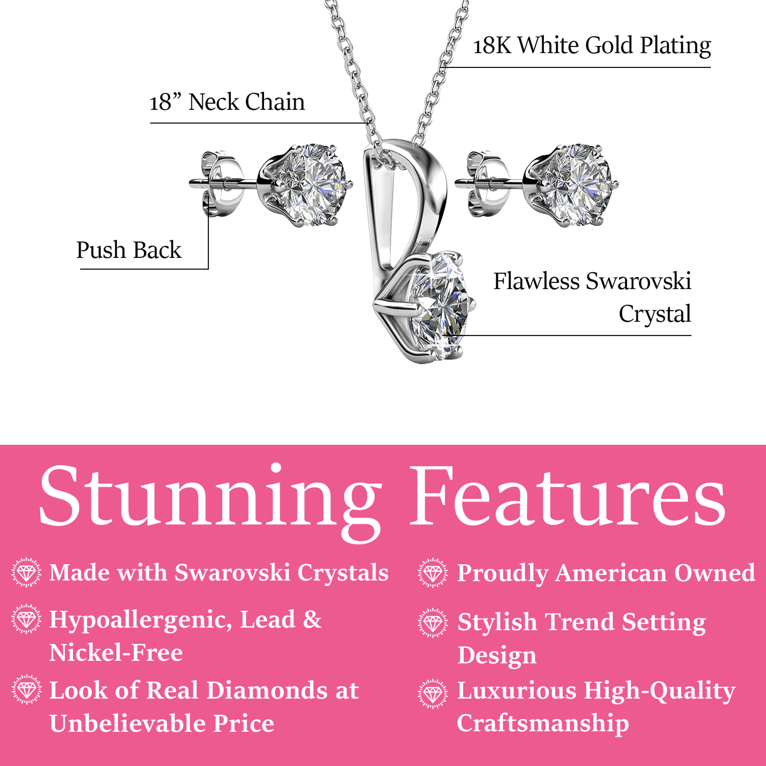 Birthstone 18k White Gold Plated Stud Earrings and Necklace Set with 1CT Swarovski Crystals