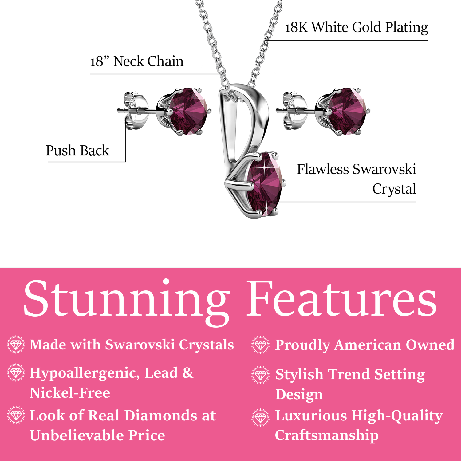 Birthstone 18k White Gold Plated Stud Earrings and Necklace Set with 1CT Swarovski Crystals