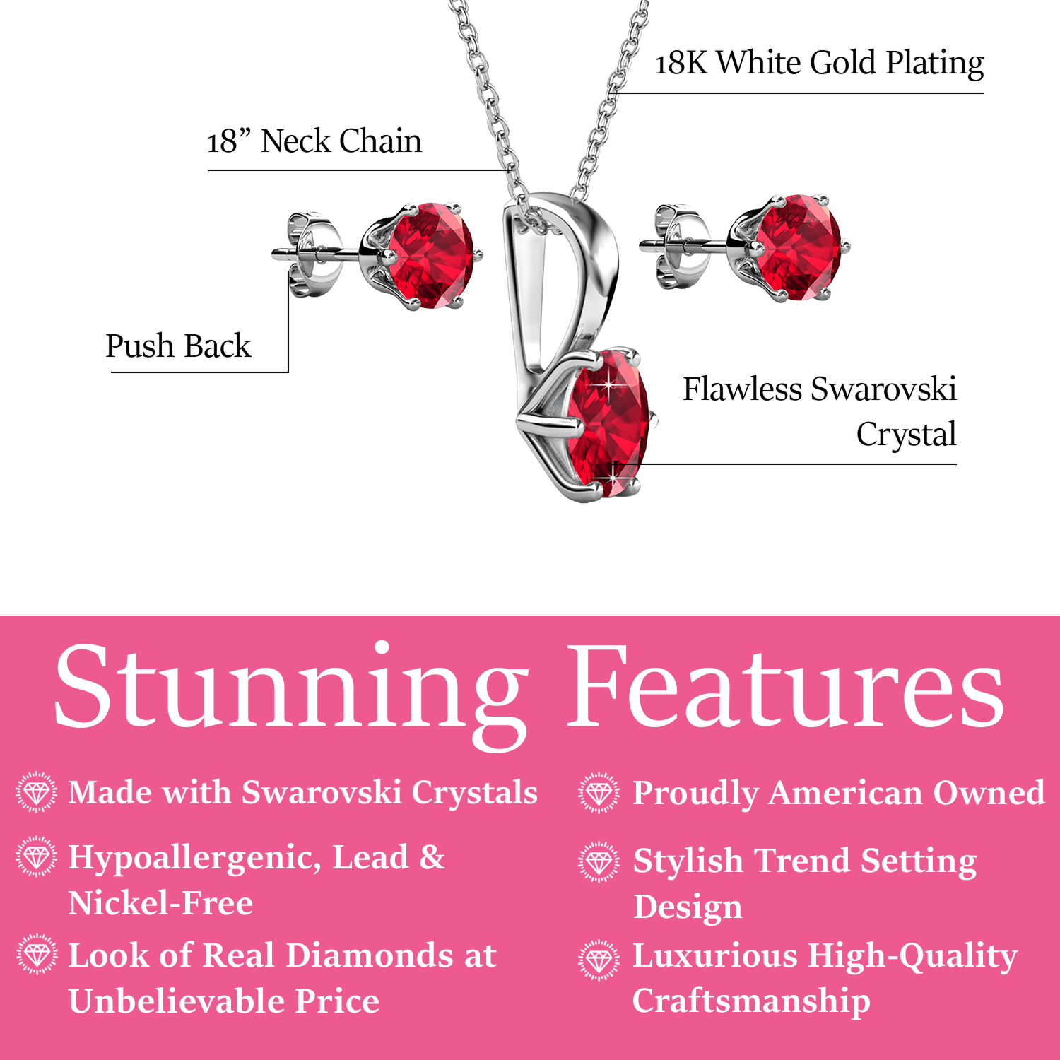 Birthstone 18k White Gold Plated Stud Earrings and Necklace Set with 1CT Swarovski Crystals