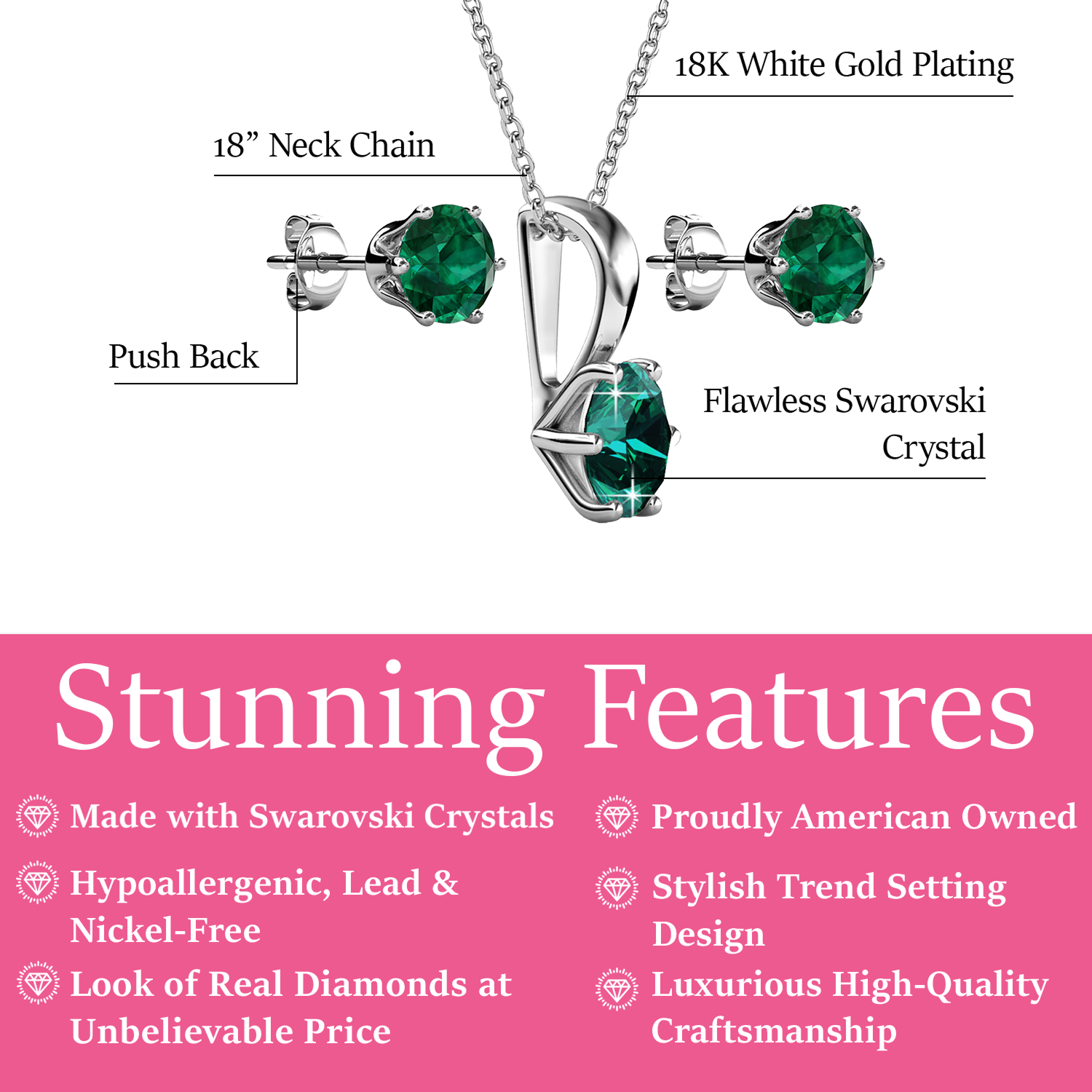 Birthstone 18k White Gold Plated Stud Earrings and Necklace Set with 1CT Swarovski Crystals