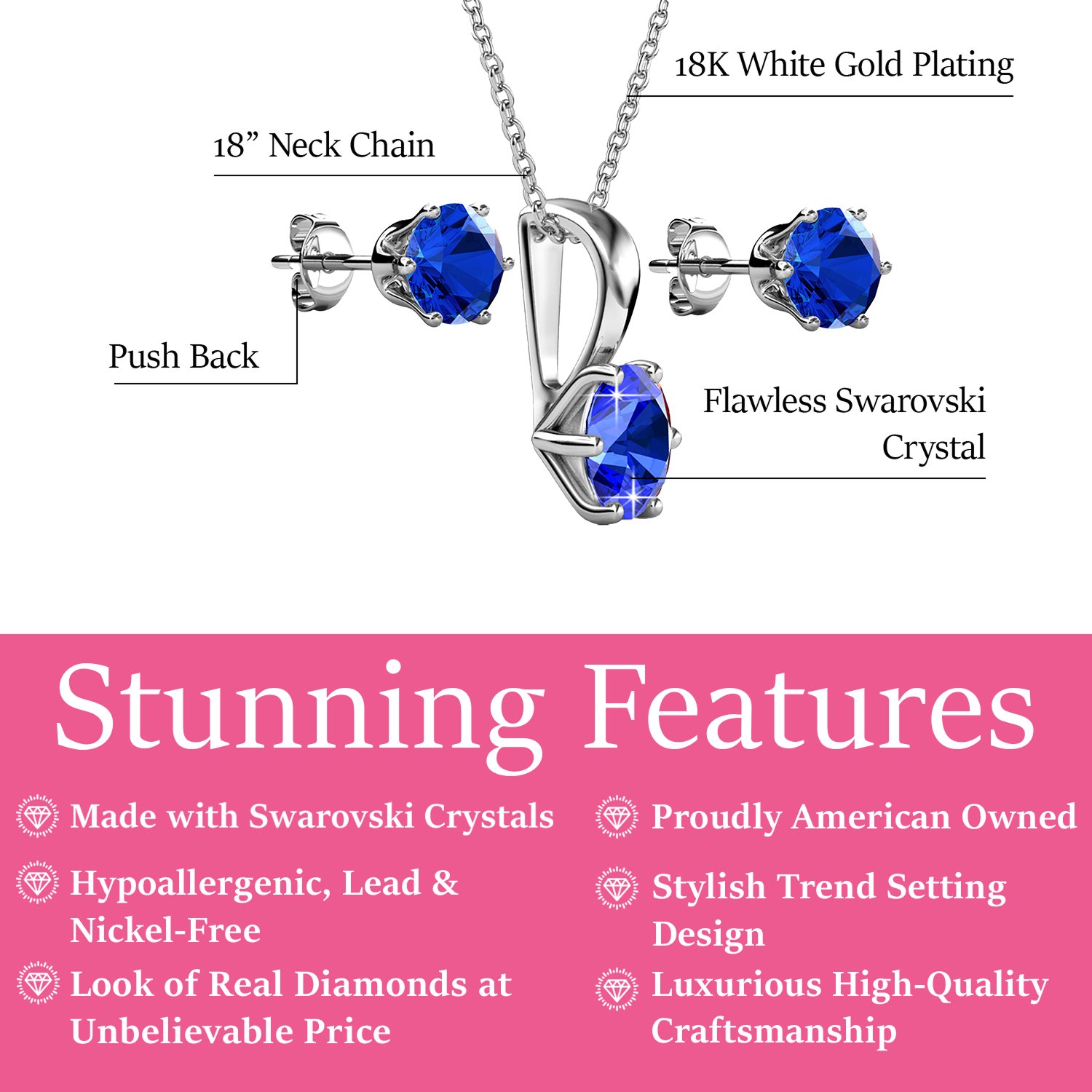 Birthstone 18k White Gold Plated Stud Earrings and Necklace Set with 1CT Swarovski Crystals