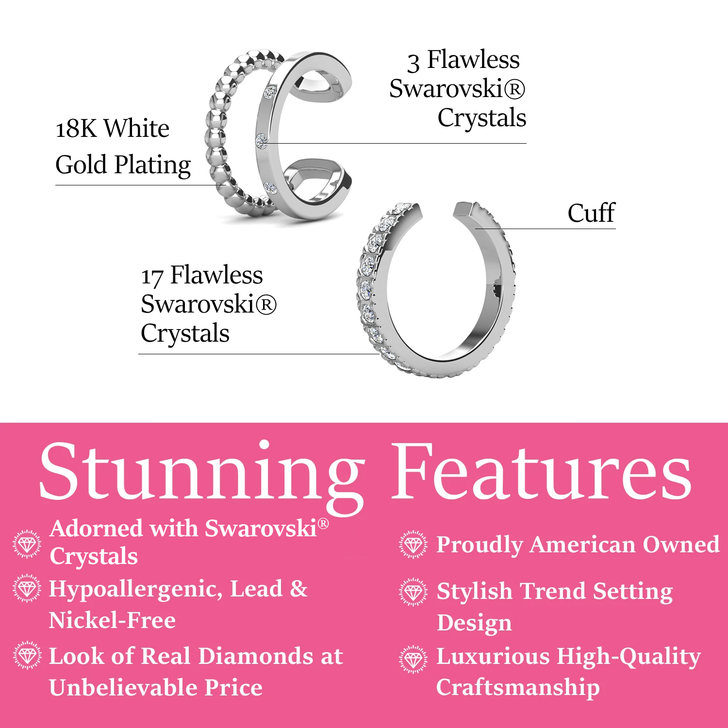 Pack of 2 - Sasha and Gloria 18k White Gold Plated 10mm Hoop Ear Cuffs with Swarovski Crystals