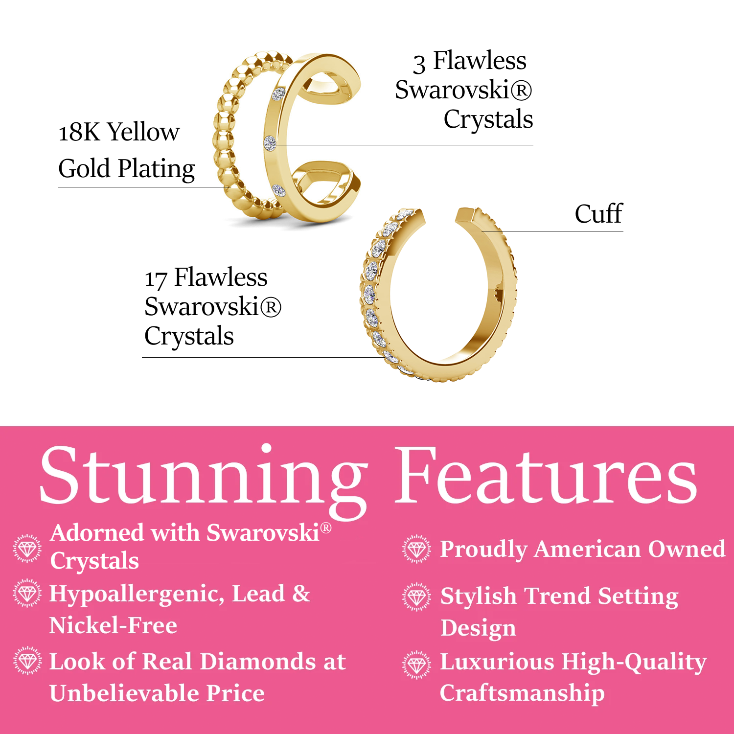 Pack of 2 - Sasha and Gloria 18k White Gold Plated 10mm Hoop Ear Cuffs with Swarovski Crystals