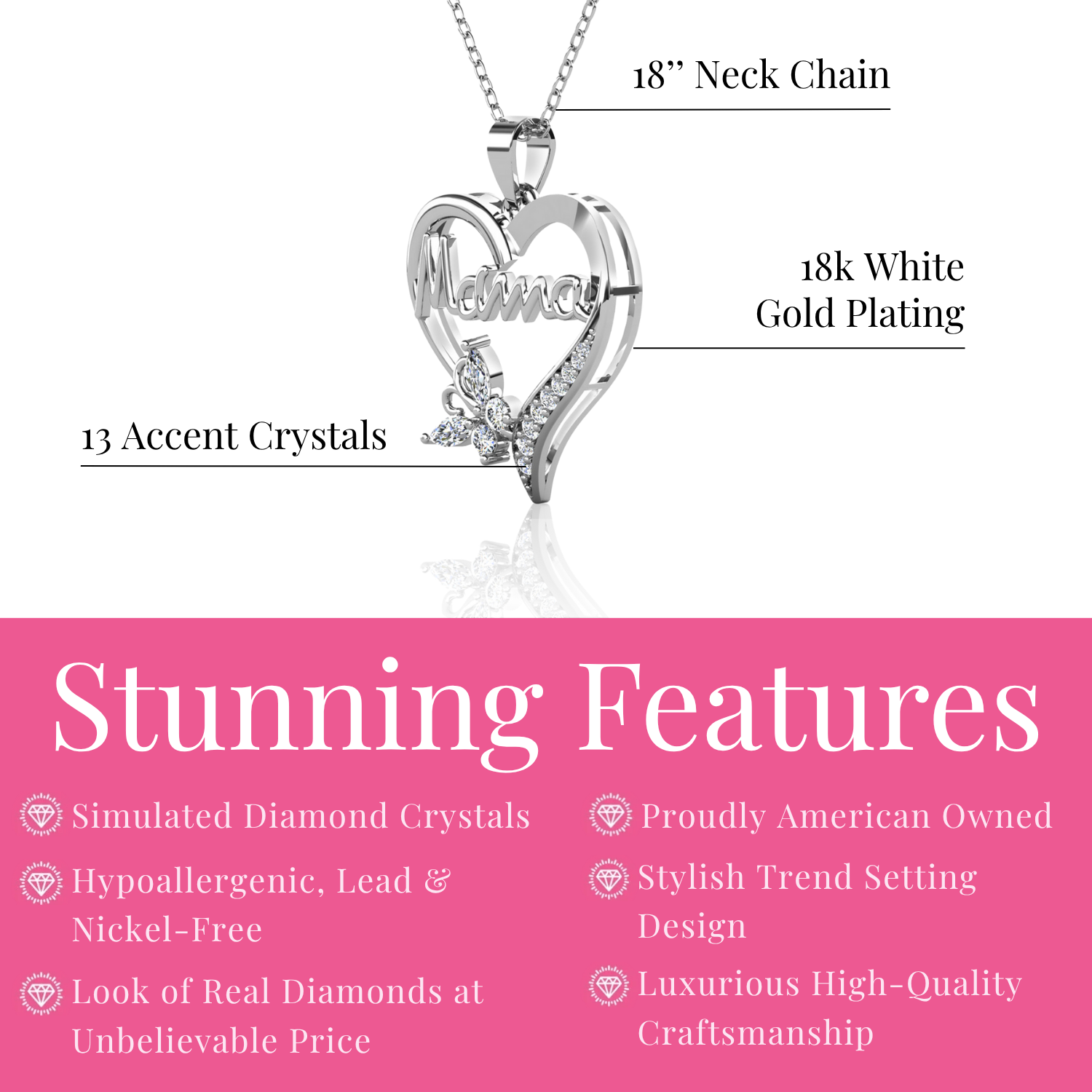 Mavis 18k White Gold Plated Mama Heart Pendant Necklace with Simulated Diamond Crystals