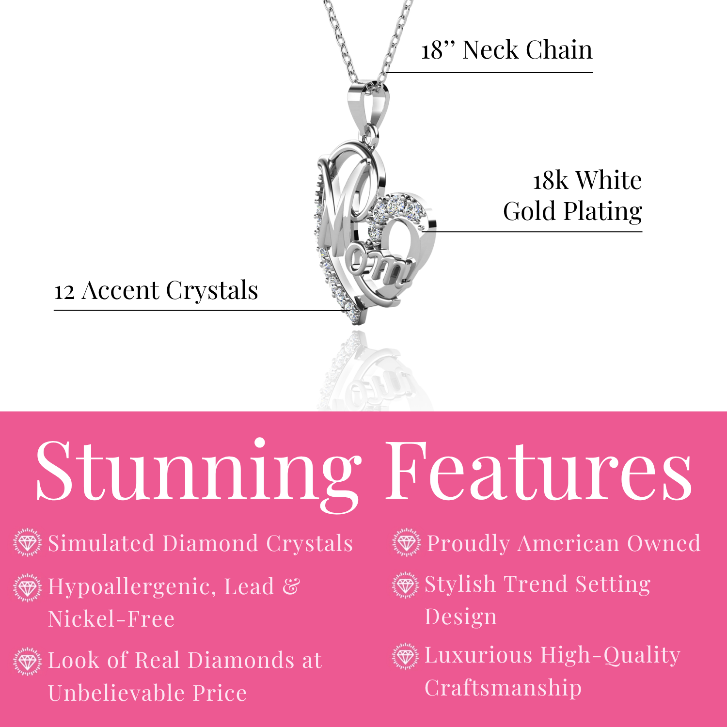 Persephone 18k White Gold Plated Mom Heart Pendant Necklace with Simulated Diamond Crystals